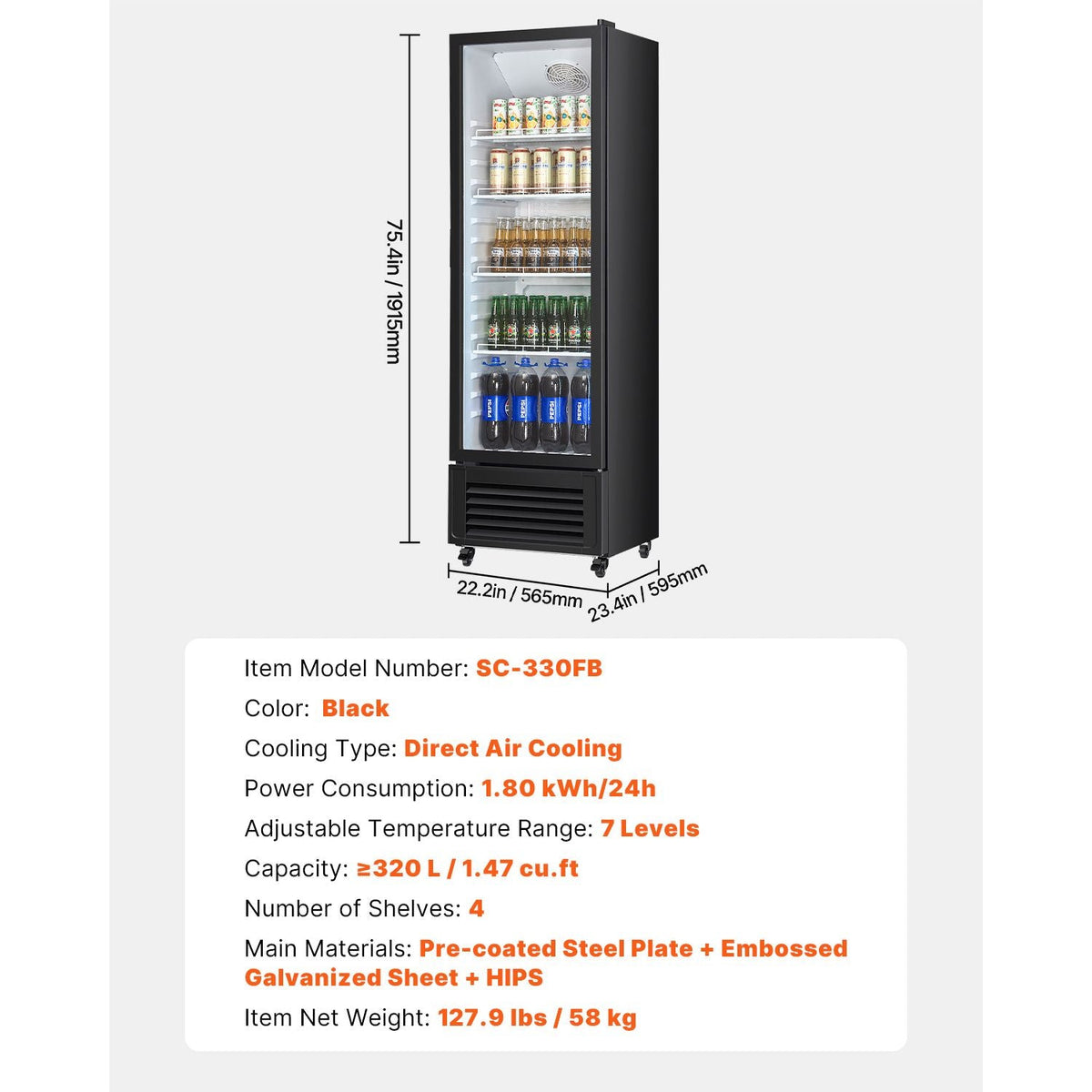 Commercial Merchandiser Refrigerator, 11.47 CU.FT Glass Door Display Refrigerator, Upright Beverage Refrigerator Cooler Merchandiser with 4 Adjustable Shelves, Casters, Soft LED Light, Black