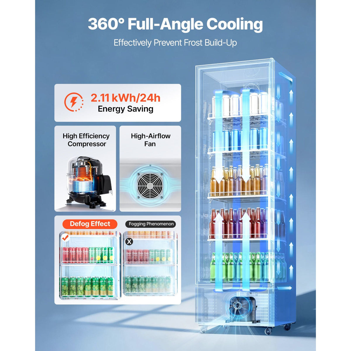 Commercial Merchandiser Refrigerator, 12.7 Cu.Ft / 360 L Glass Door Display Refrigerator, Upright Beverage Cooler Fridge with 4 Adjustable Shelves, Soft LED Light & Casters for Homes Shops Bars