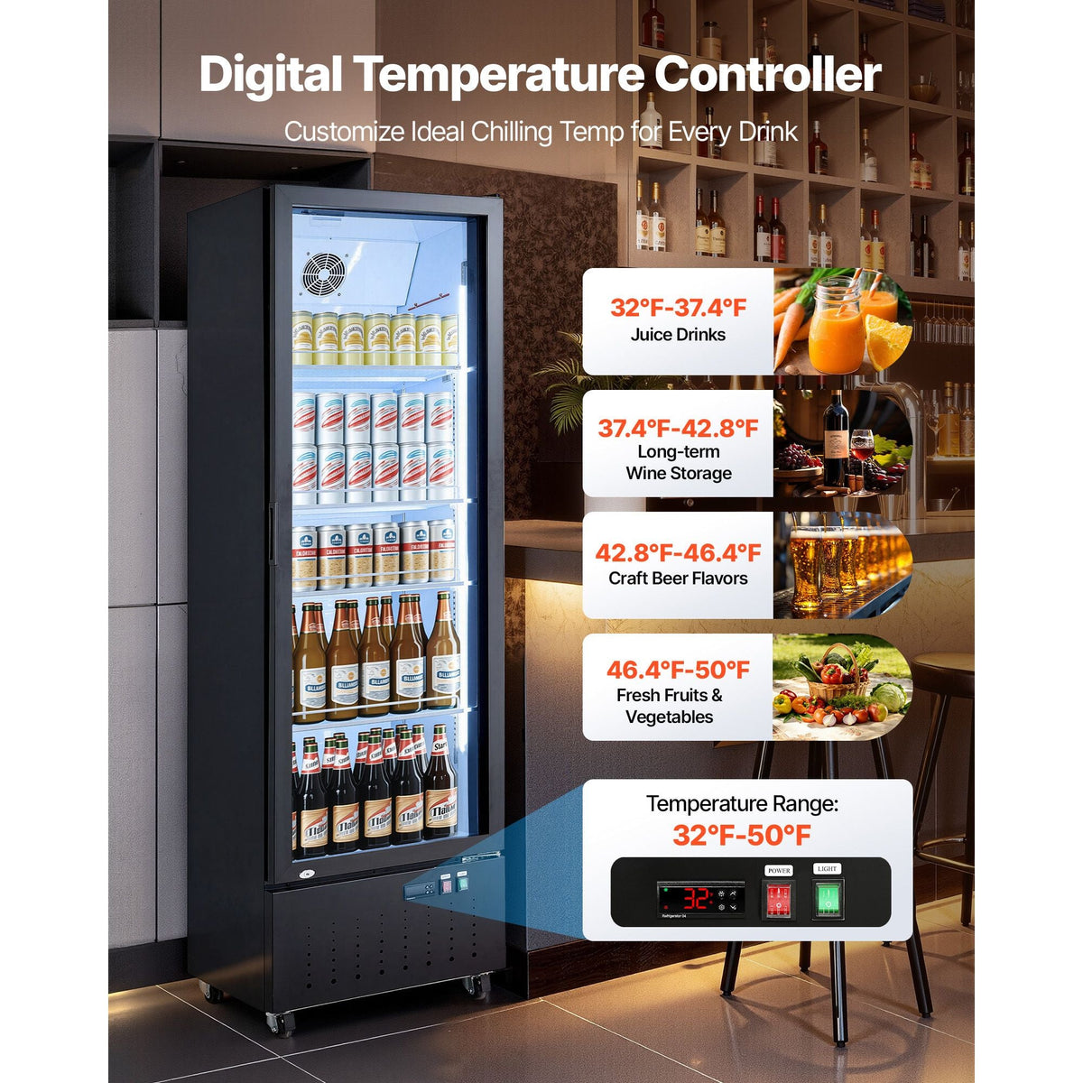 Commercial Merchandiser Refrigerator, 12.7 Cu.Ft / 360 L Glass Door Display Refrigerator, Upright Beverage Cooler Fridge with 4 Adjustable Shelves, Soft LED Light & Casters for Homes Shops Bars