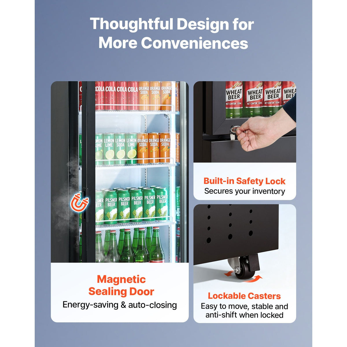 Commercial Merchandiser Refrigerator, 12.7 Cu.Ft / 360 L Glass Door Display Refrigerator, Upright Beverage Cooler Fridge with 4 Adjustable Shelves, Soft LED Light & Casters for Homes Shops Bars