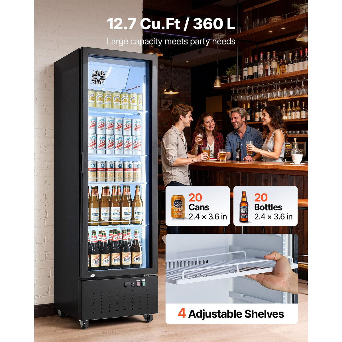Commercial Merchandiser Refrigerator, 12.7 Cu.Ft / 360 L Glass Door Display Refrigerator, Upright Beverage Cooler Fridge with 4 Adjustable Shelves, Soft LED Light & Casters for Homes Shops Bars