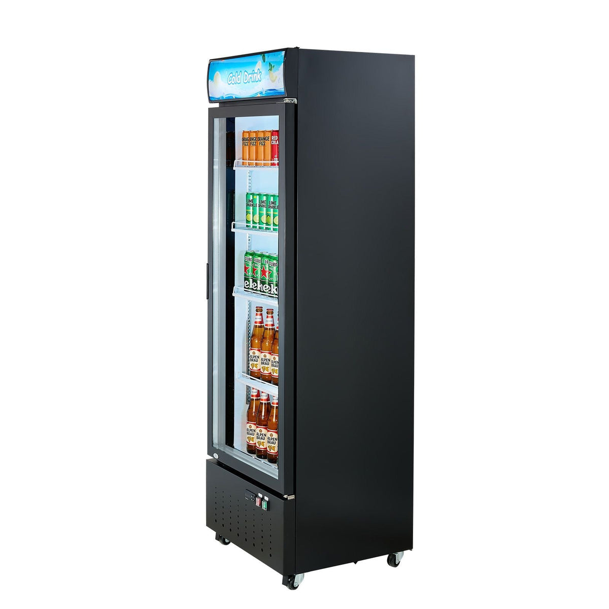 Commercial Merchandiser Refrigerator, 12.7 Cu.Ft / 360 L Glass Door Display Refrigerator, Upright Beverage Cooler with Customizable Lightbox, 4 Adjustable Shelves & Soft LED Light for Home Shops