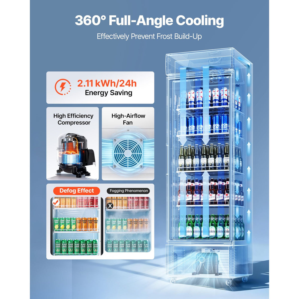Commercial Merchandiser Refrigerator, 12.7 Cu.Ft / 360 L Glass Door Display Refrigerator, Upright Beverage Cooler with Customizable Lightbox, 4 Adjustable Shelves & Soft LED Light for Home Shops