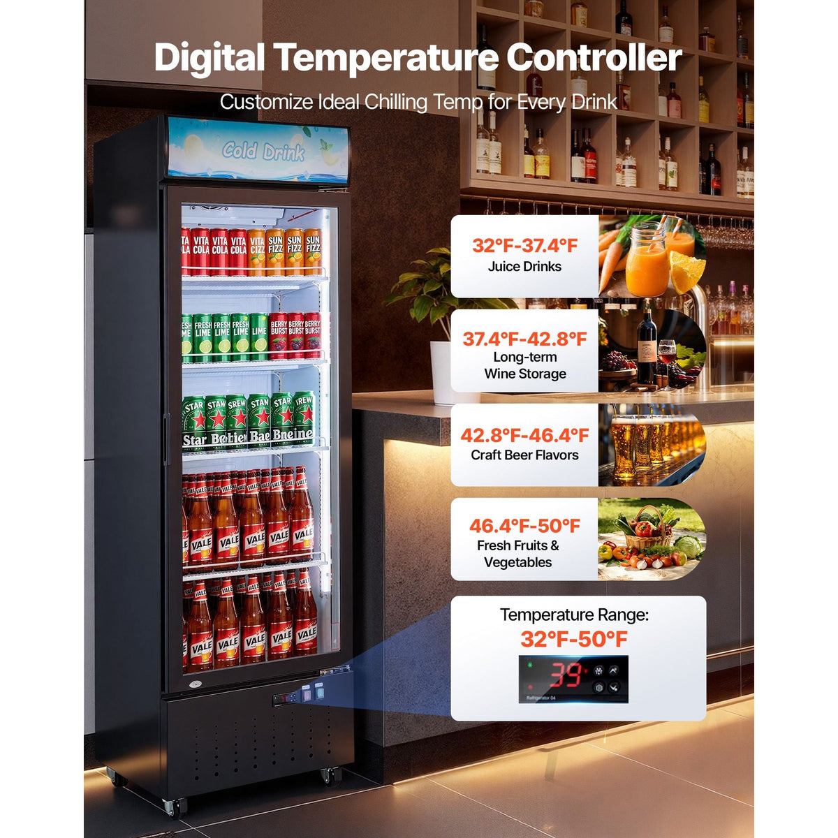Commercial Merchandiser Refrigerator, 12.7 Cu.Ft / 360 L Glass Door Display Refrigerator, Upright Beverage Cooler with Customizable Lightbox, 4 Adjustable Shelves & Soft LED Light for Home Shops