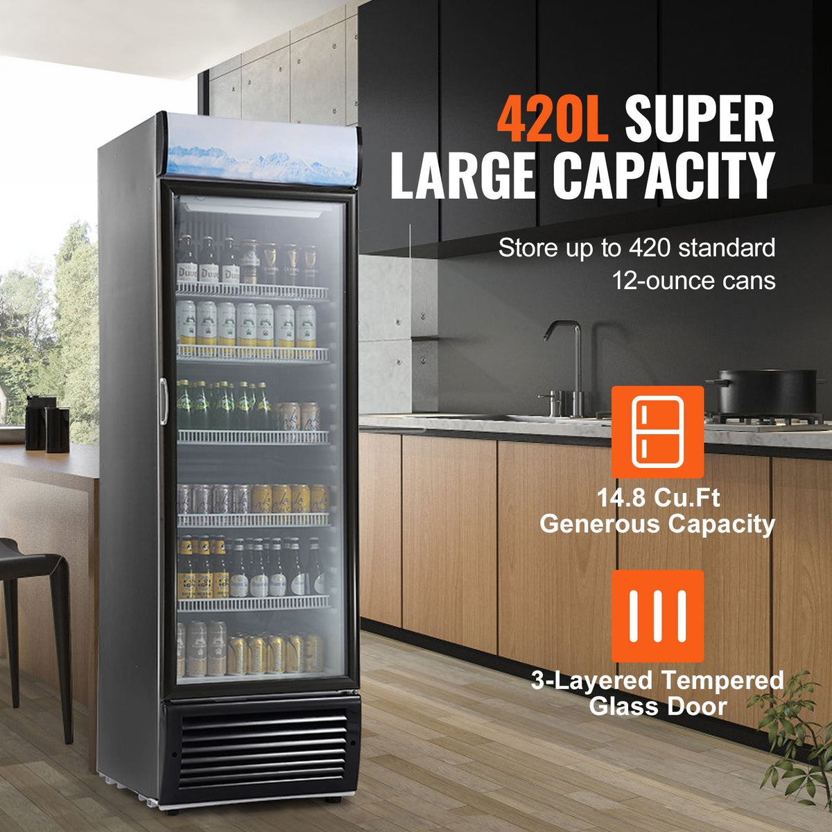 Commercial Merchandiser Refrigerator, 14.8 Cu.Ft / 420L Beverage Refrigerator Cooler Merchandiser, Glass Door Display Refrigerator Upright Fridge with 5 Adjustable Shelves, Customizable Lightbox