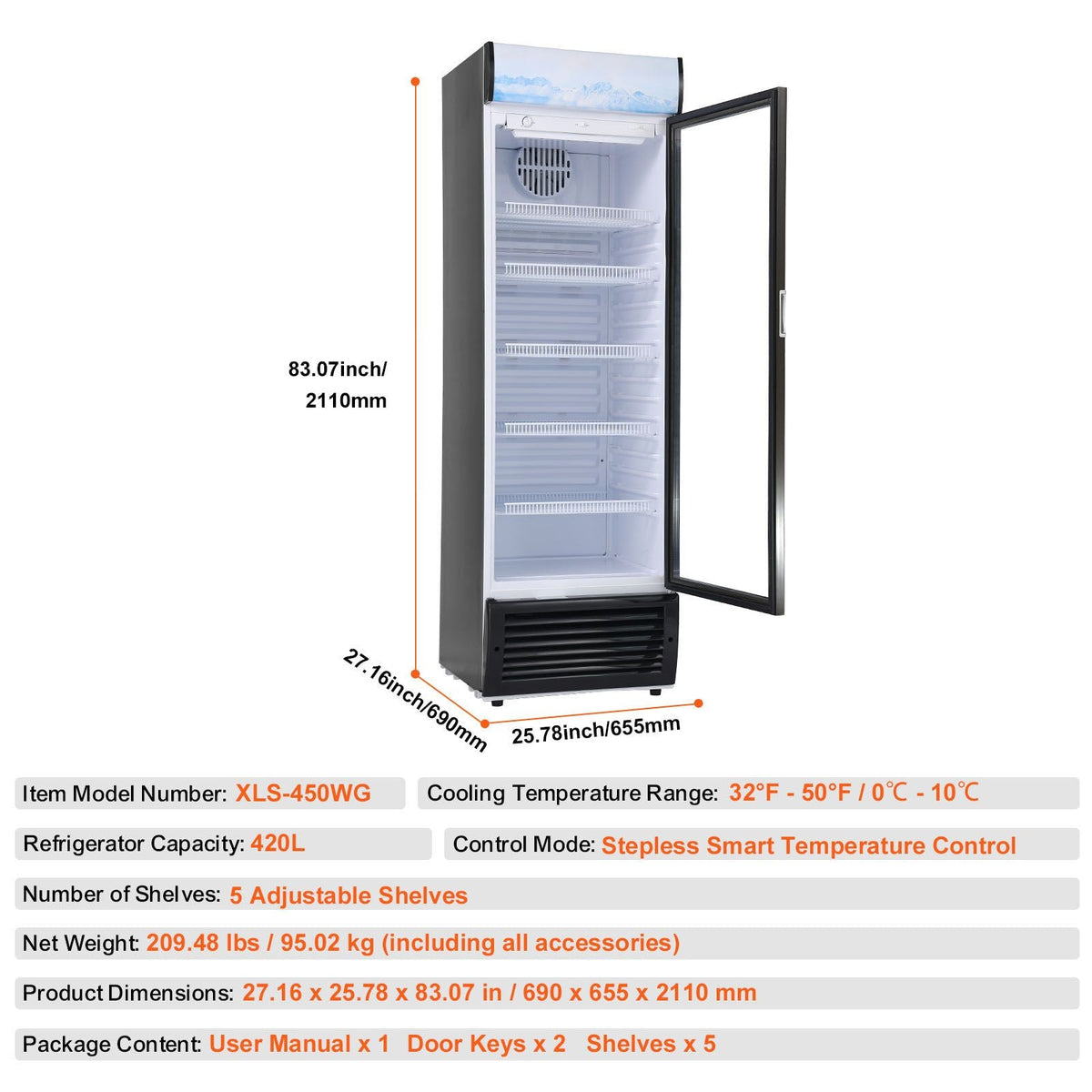 Commercial Merchandiser Refrigerator, 14.8 Cu.Ft / 420L Beverage Refrigerator Cooler Merchandiser, Glass Door Display Refrigerator Upright Fridge with 5 Adjustable Shelves, Customizable Lightbox