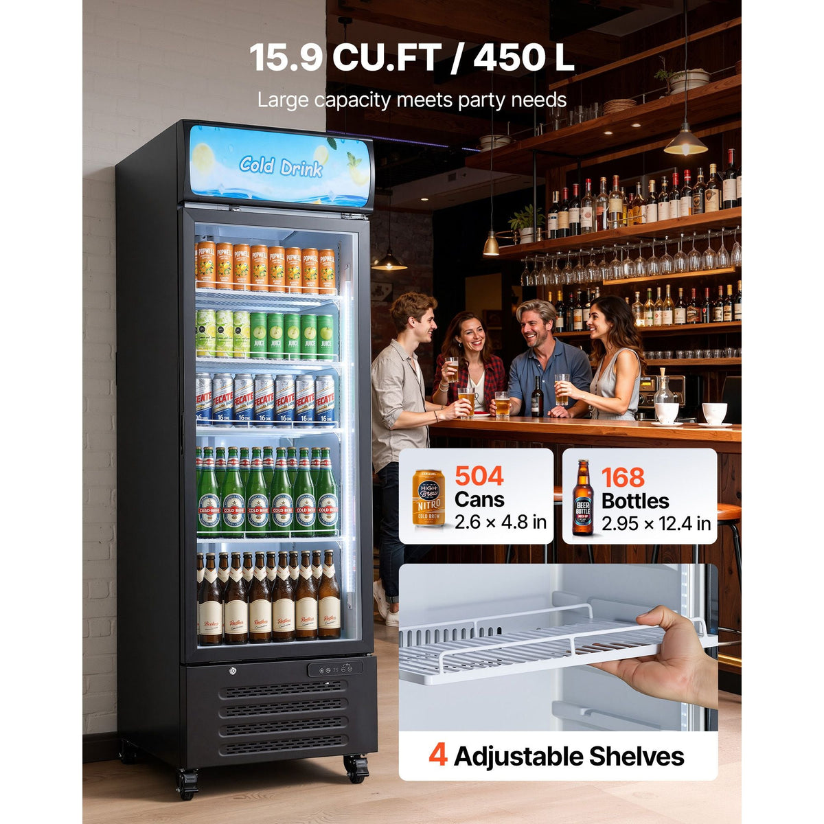 Commercial Merchandiser Refrigerator, 15.9 Cu.Ft / 450 L Glass Door Display Refrigerator, Upright Beverage Cooler with Customizable Lightbox, 4 Adjustable Shelves & Soft LED Light for Home Shops