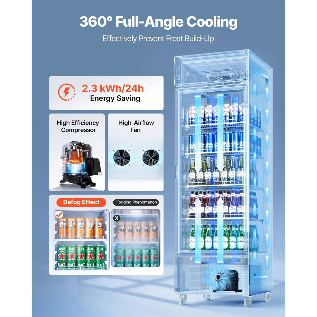 Commercial Merchandiser Refrigerator, 15.9 Cu.Ft / 450 L Glass Door Display Refrigerator, Upright Beverage Cooler with Customizable Lightbox, 4 Adjustable Shelves & Soft LED Light for Home Shops