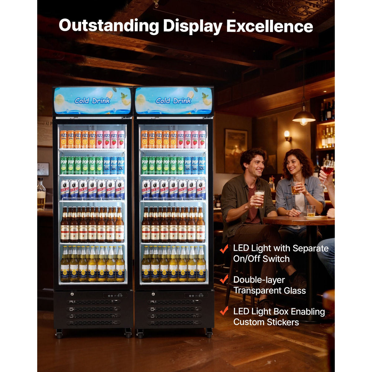 Commercial Merchandiser Refrigerator, 15.9 Cu.Ft / 450 L Glass Door Display Refrigerator, Upright Beverage Cooler with Customizable Lightbox, 4 Adjustable Shelves & Soft LED Light for Home Shops