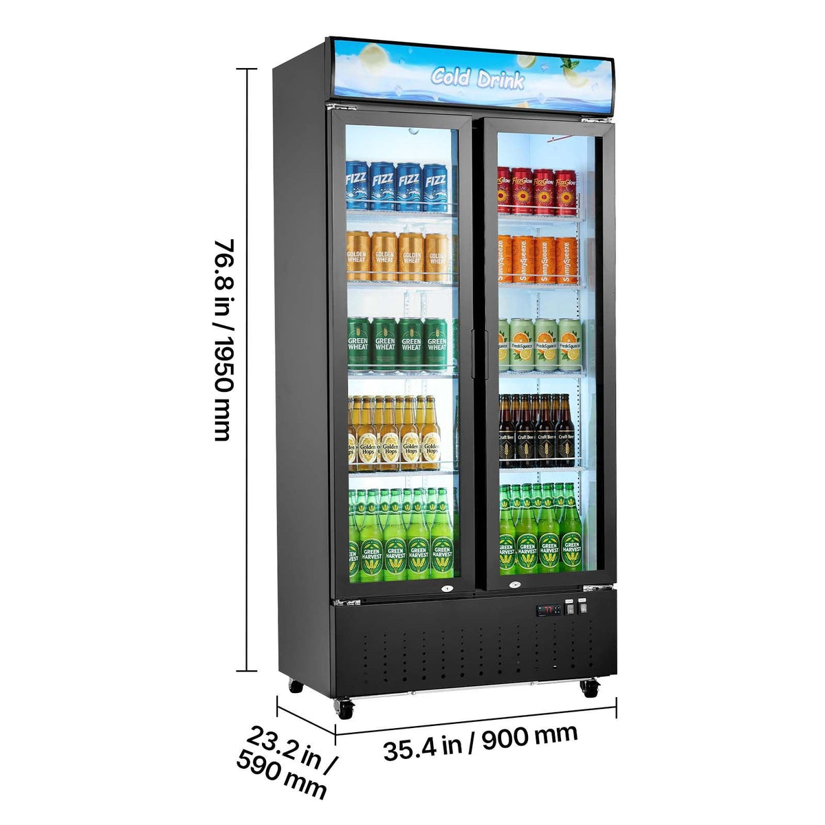 Commercial Merchandiser Refrigerator, 20.8 Cu.Ft / 590L Upright Beverage Cooler, 2 Glass Door Display Refrigerator with Customizable Lightbox, 8 Adjustable Shelves, Soft LED Lighting & Casters