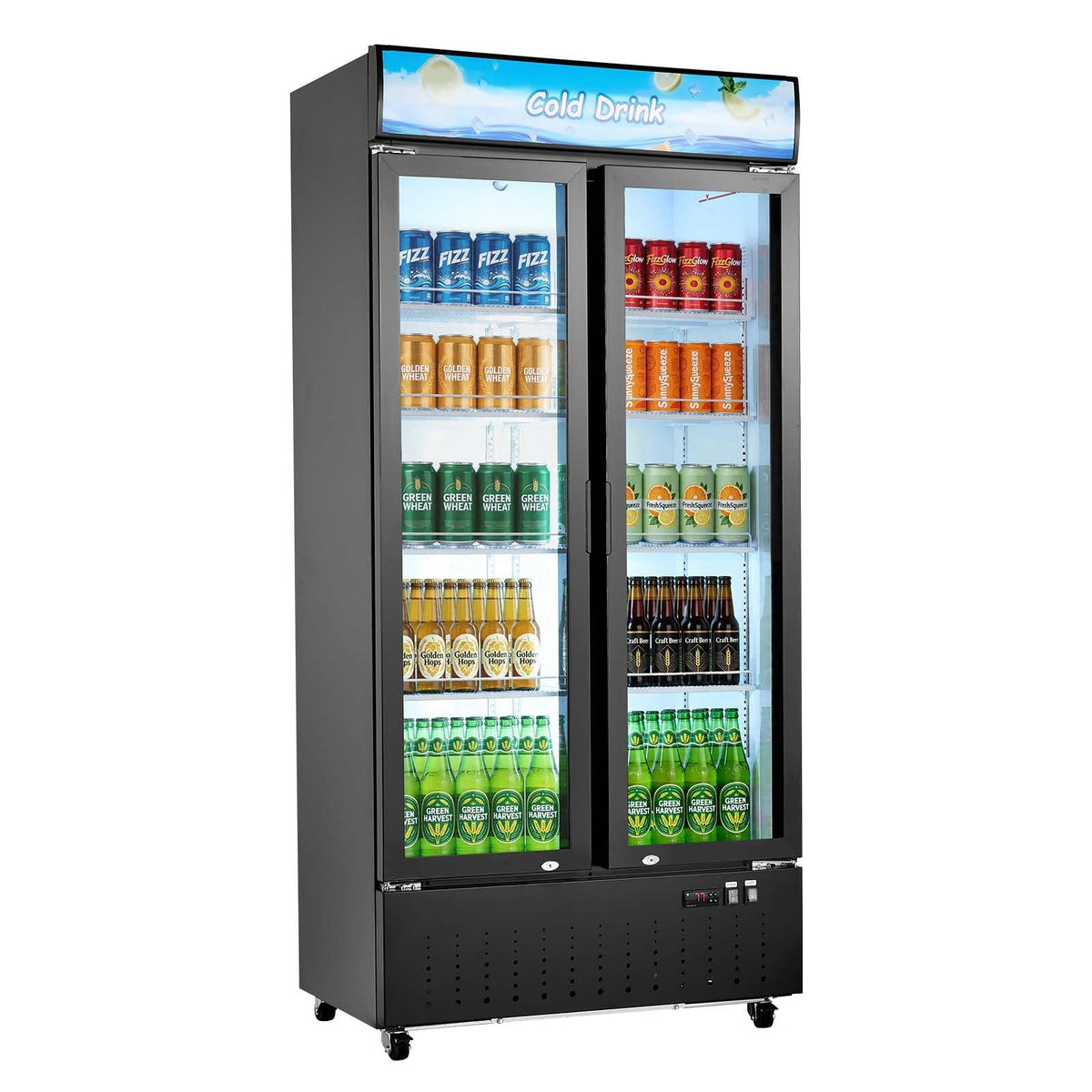 Commercial Merchandiser Refrigerator, 20.8 Cu.Ft / 590L Upright Beverage Cooler, 2 Glass Door Display Refrigerator with Customizable Lightbox, 8 Adjustable Shelves, Soft LED Lighting & Casters