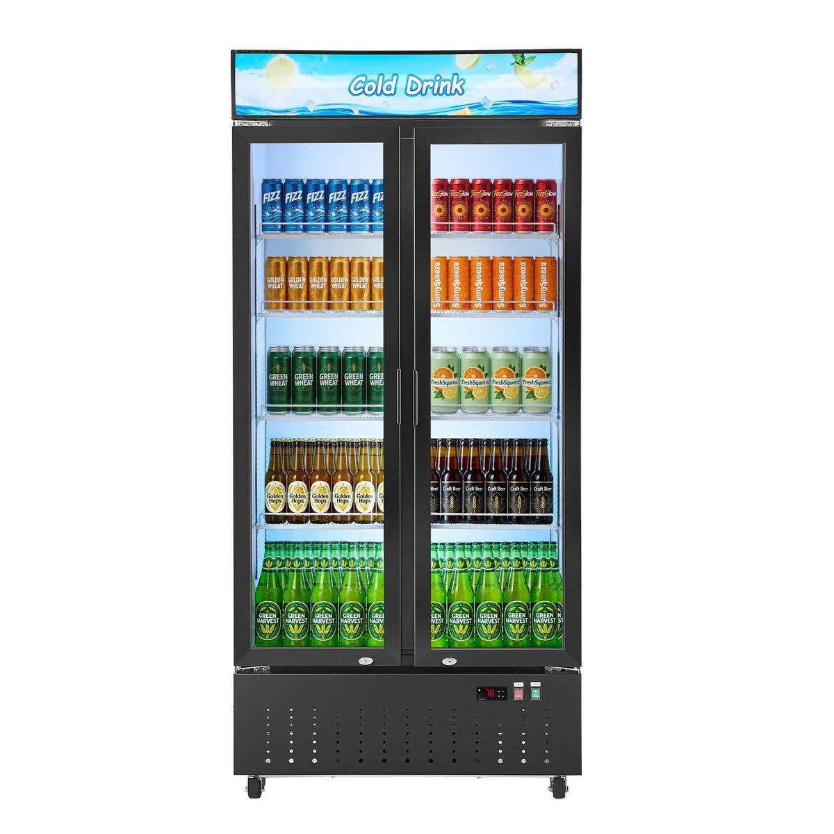 Commercial Merchandiser Refrigerator, 20.8 Cu.Ft / 590L Upright Beverage Cooler, 2 Glass Door Display Refrigerator with Customizable Lightbox, 8 Adjustable Shelves, Soft LED Lighting & Casters