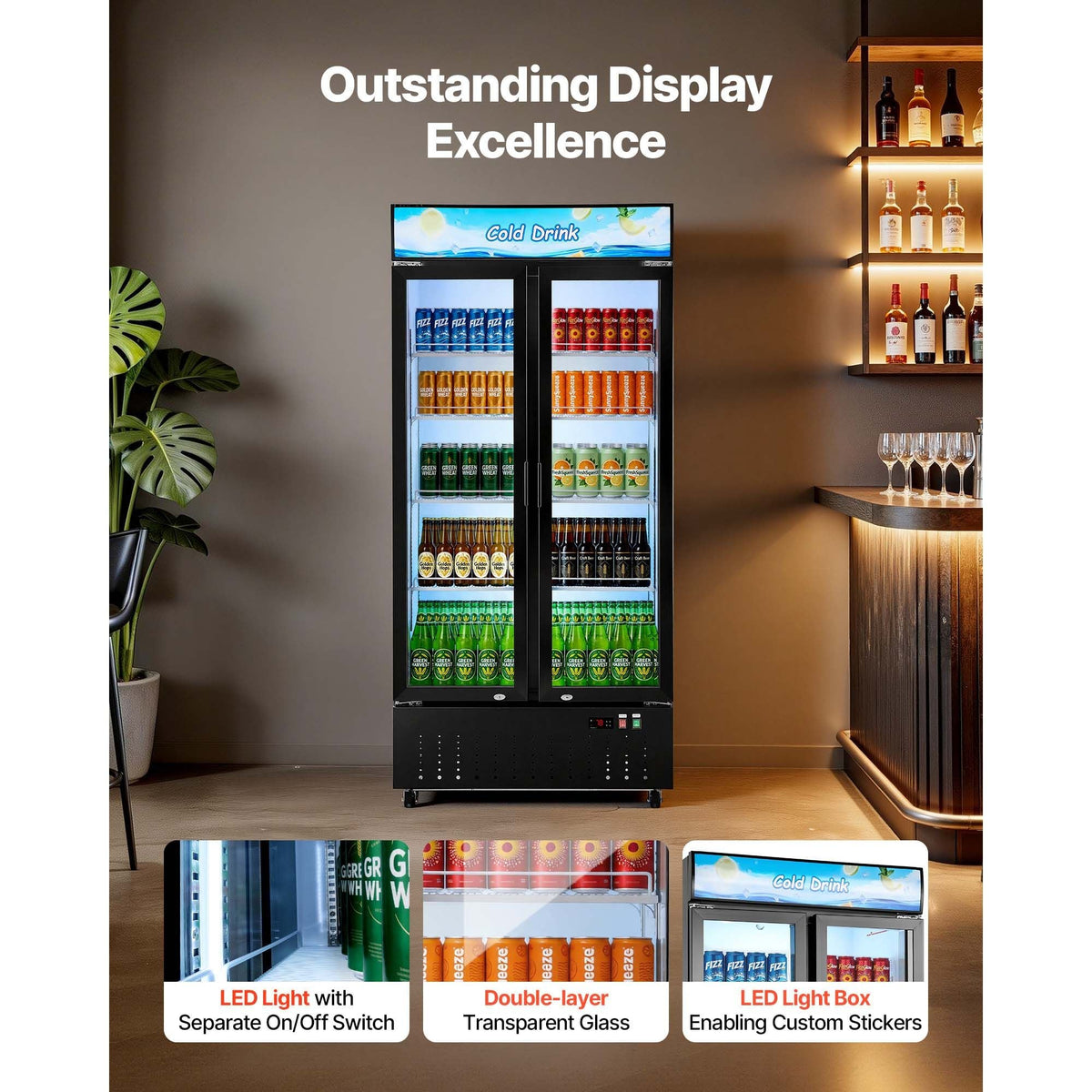 Commercial Merchandiser Refrigerator, 20.8 Cu.Ft / 590L Upright Beverage Cooler, 2 Glass Door Display Refrigerator with Customizable Lightbox, 8 Adjustable Shelves, Soft LED Lighting & Casters