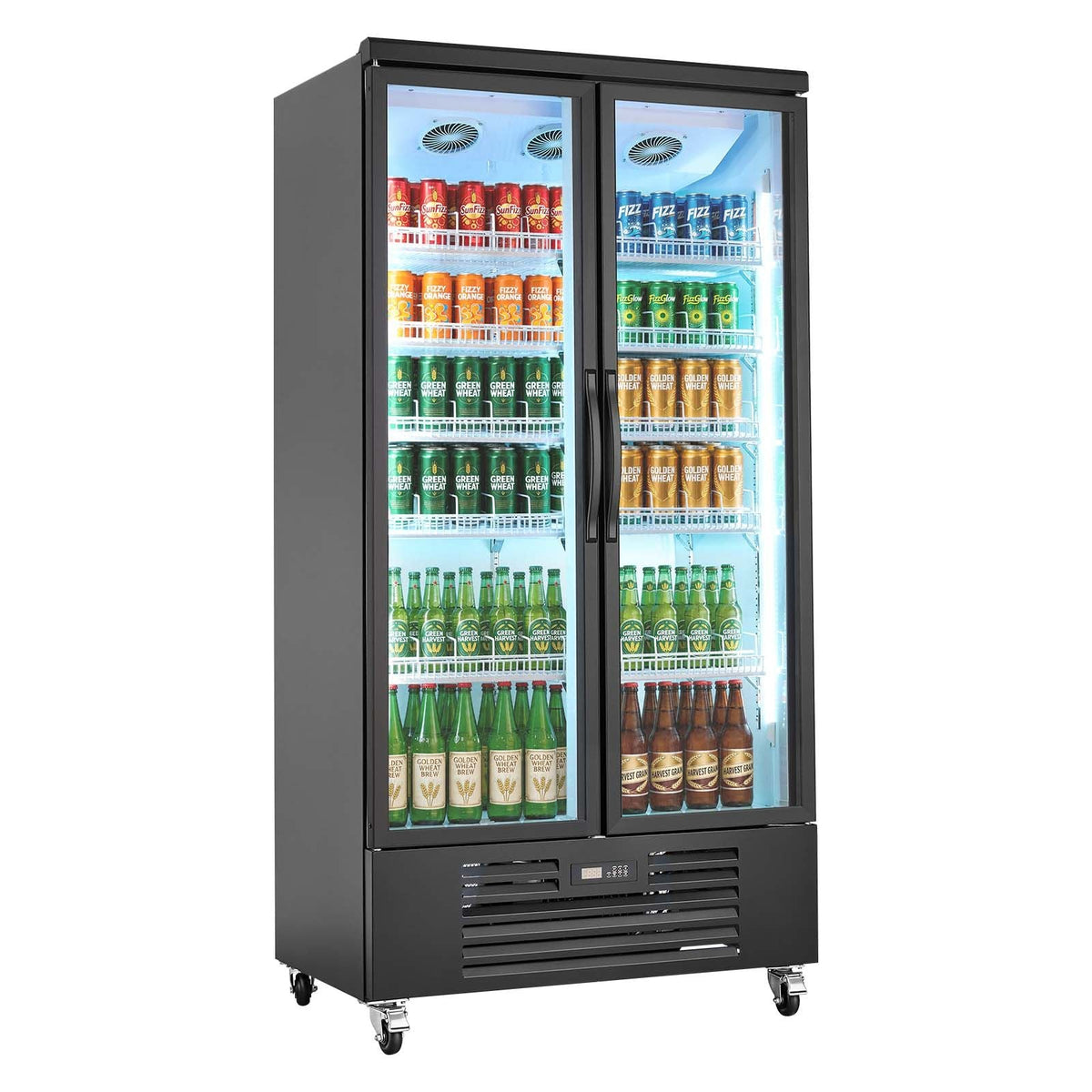 Commercial Merchandiser Refrigerator, 24.9 Cu.Ft / 705L Upright Beverage Cooler, 2 Glass Door Display Refrigerator with 5 Adjustable Shelves, Soft LED Light & Casters for Bars Shops Supermarkets