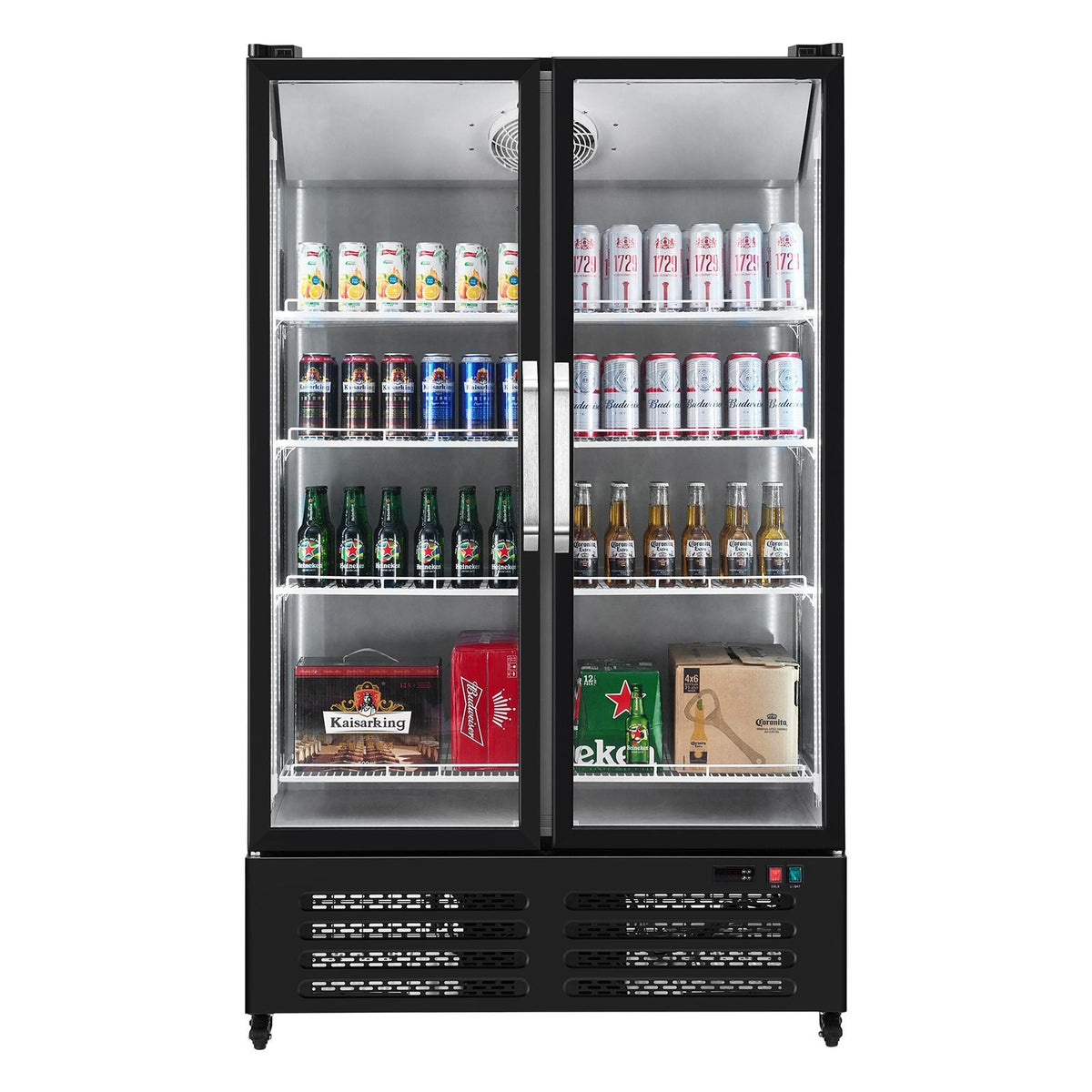 Commercial Merchandiser Refrigerator, 26.69 CU.FT Double Glass Door Display Refrigerator, Beverage Refrigerator Cooler Merchandiser with 8 Adjustable Shelves, Casters, Soft LED Light, Black