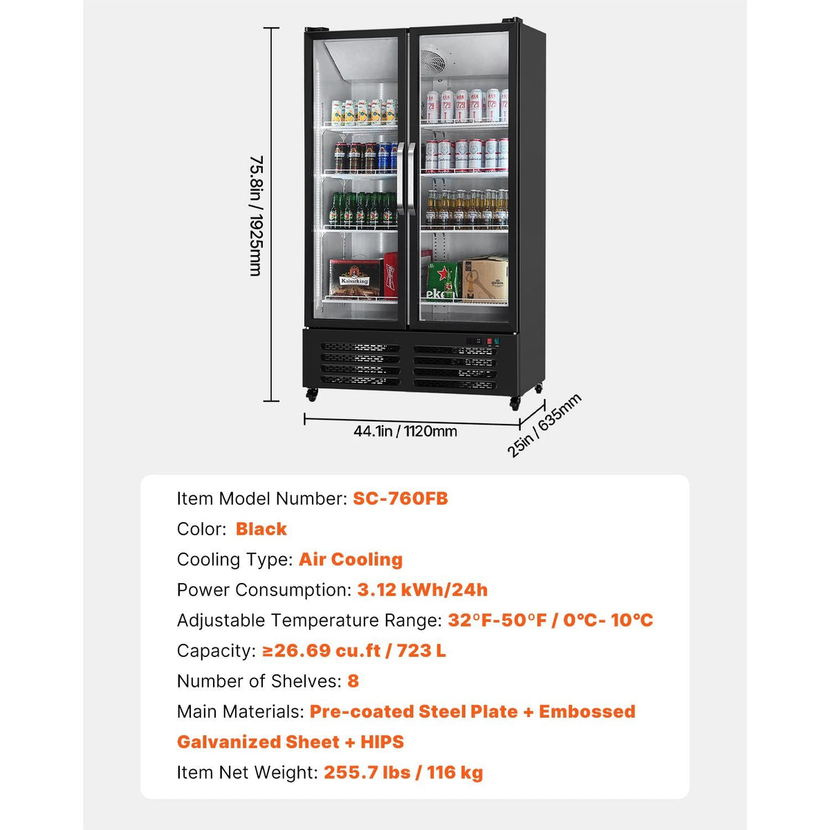 Commercial Merchandiser Refrigerator, 26.69 CU.FT Double Glass Door Display Refrigerator, Beverage Refrigerator Cooler Merchandiser with 8 Adjustable Shelves, Casters, Soft LED Light, Black
