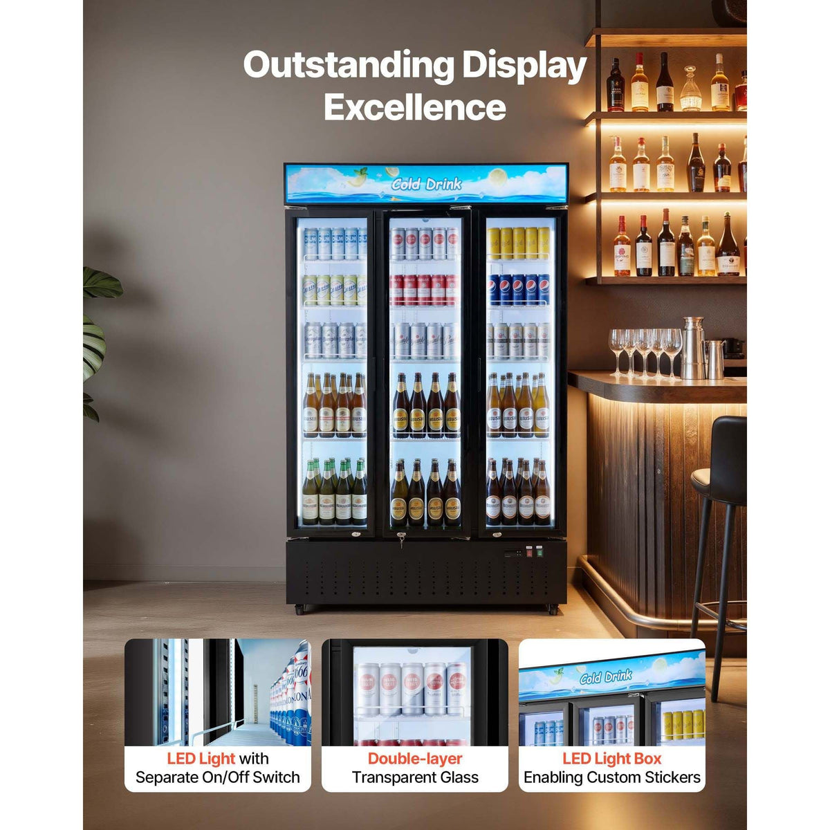 Commercial Merchandiser Refrigerator, 26.8 Cu.Ft / 760L Upright Beverage Cooler, 3 Glass Door Display Refrigerator with Customizable Lightbox, 12 Adjustable Shelves, Soft LED Lighting & Casters