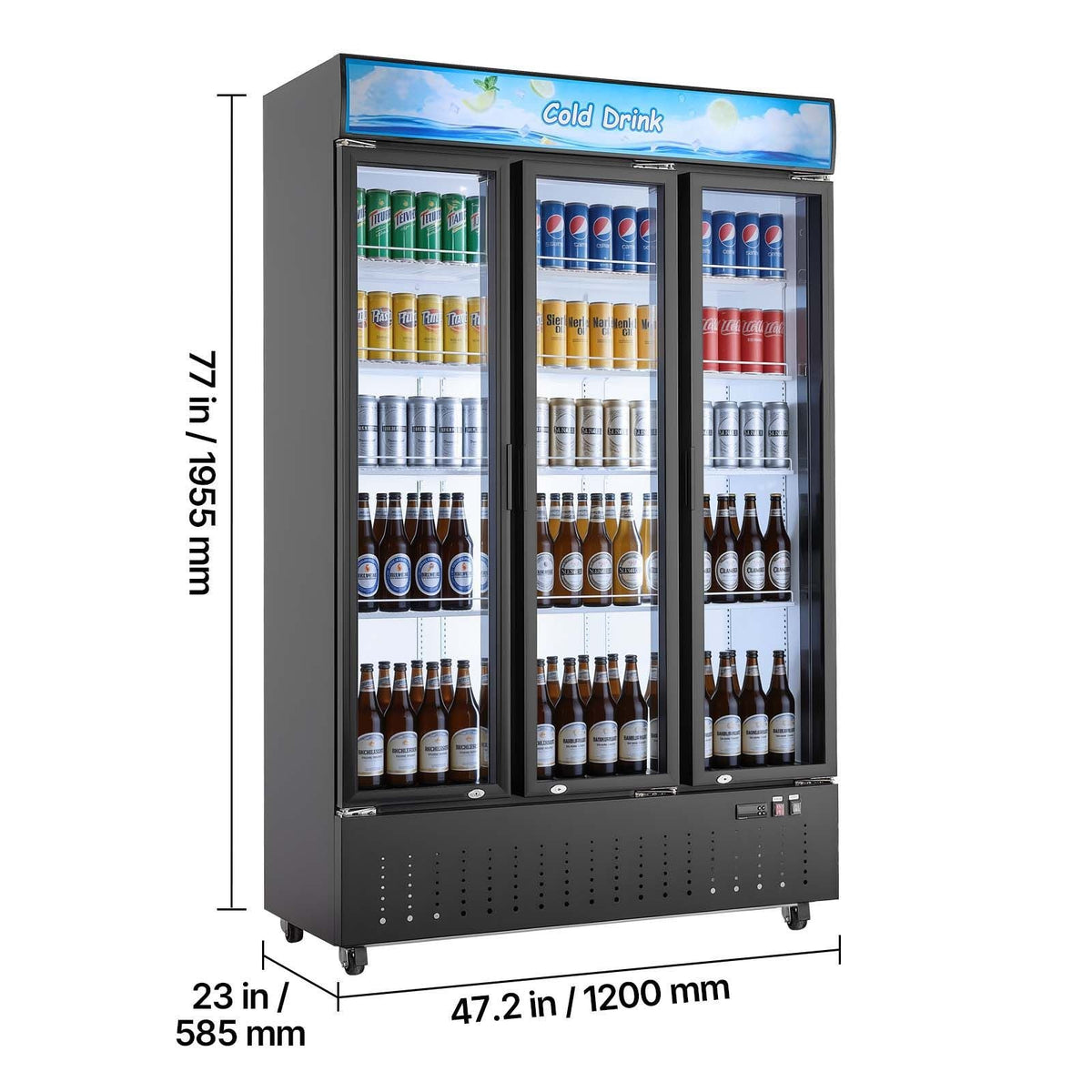 Commercial Merchandiser Refrigerator, 26.8 Cu.Ft / 760L Upright Beverage Cooler, 3 Glass Door Display Refrigerator with Customizable Lightbox, 12 Adjustable Shelves, Soft LED Lighting & Casters