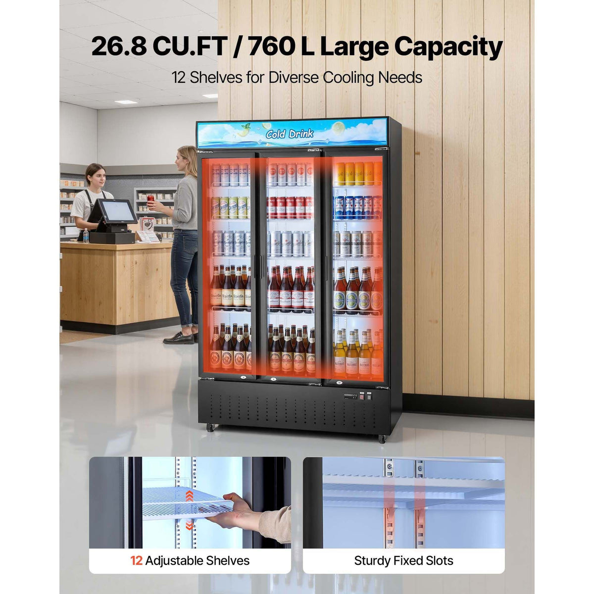Commercial Merchandiser Refrigerator, 26.8 Cu.Ft / 760L Upright Beverage Cooler, 3 Glass Door Display Refrigerator with Customizable Lightbox, 12 Adjustable Shelves, Soft LED Lighting & Casters