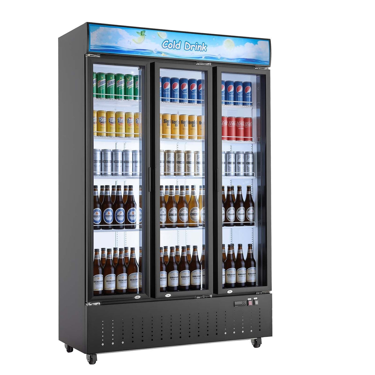 Commercial Merchandiser Refrigerator, 26.8 Cu.Ft / 760L Upright Beverage Cooler, 3 Glass Door Display Refrigerator with Customizable Lightbox, 12 Adjustable Shelves, Soft LED Lighting & Casters