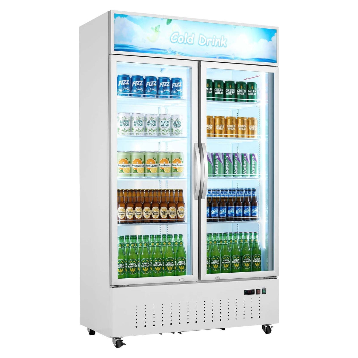 Commercial Merchandiser Refrigerator, 35.3 Cu.Ft / 1000L Upright Beverage Cooler, 2 Glass Door Display Refrigerator with Customizable Lightbox, 8 Adjustable Shelves, Soft LED Lighting & Casters