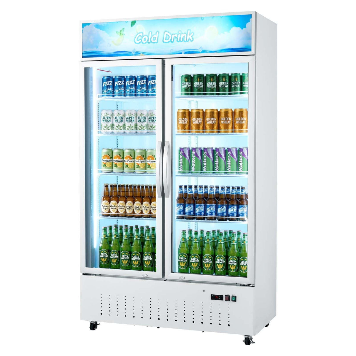 Commercial Merchandiser Refrigerator, 35.3 Cu.Ft / 1000L Upright Beverage Cooler, 2 Glass Door Display Refrigerator with Customizable Lightbox, 8 Adjustable Shelves, Soft LED Lighting & Casters