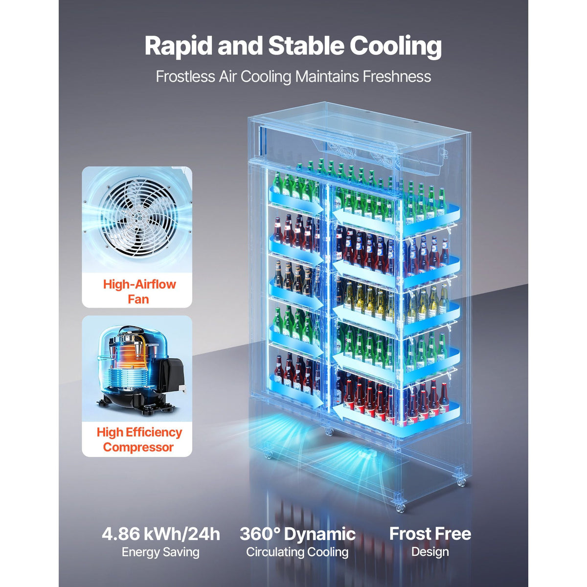 Commercial Merchandiser Refrigerator, 35.3 Cu.Ft / 1000L Upright Beverage Cooler, 2 Glass Door Display Refrigerator with Customizable Lightbox, 8 Adjustable Shelves, Soft LED Lighting & Casters