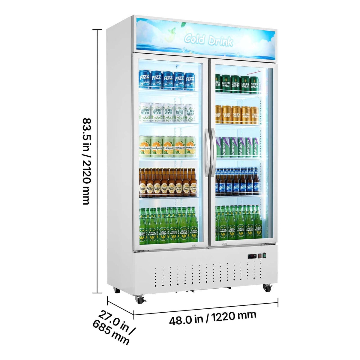 Commercial Merchandiser Refrigerator, 35.3 Cu.Ft / 1000L Upright Beverage Cooler, 2 Glass Door Display Refrigerator with Customizable Lightbox, 8 Adjustable Shelves, Soft LED Lighting & Casters