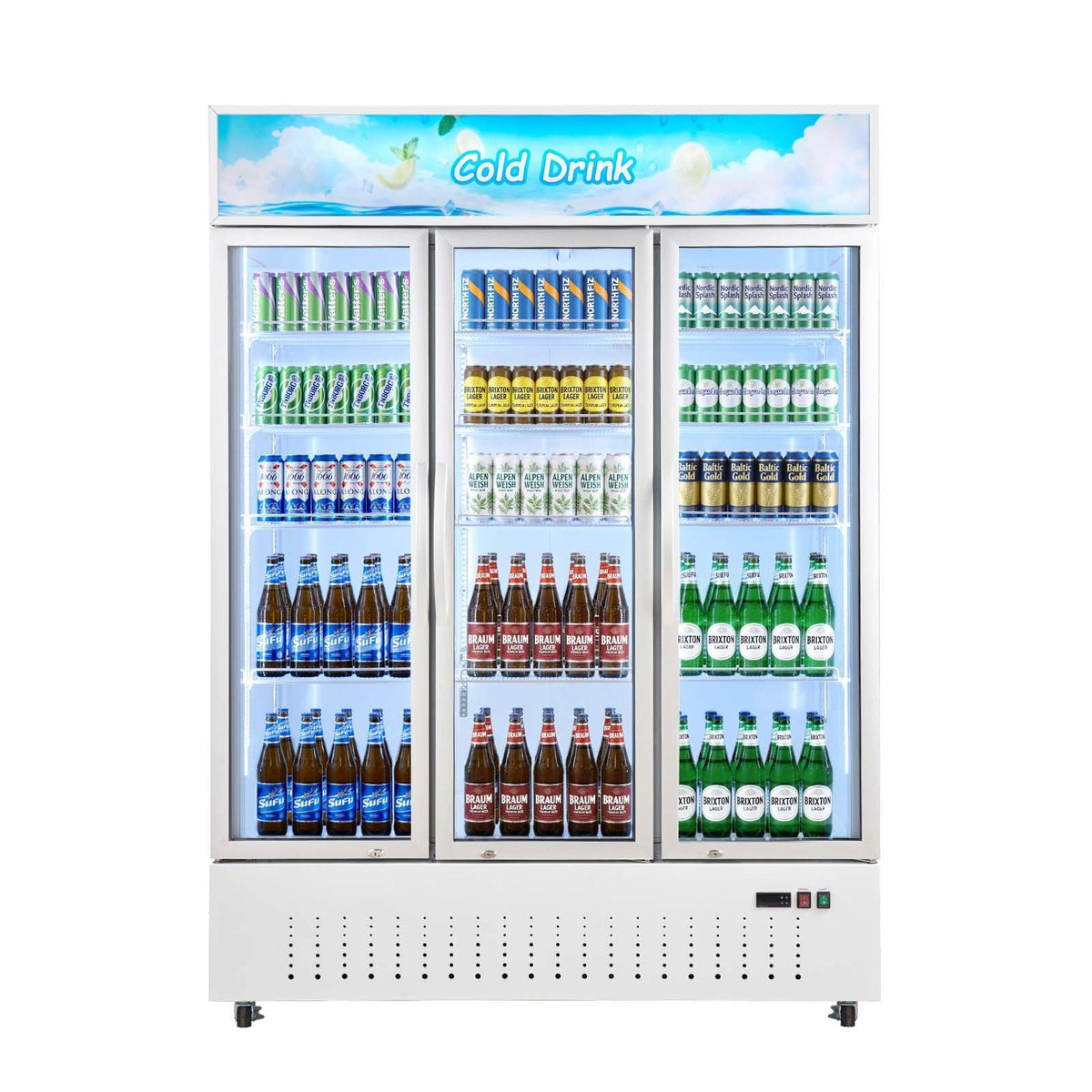 Commercial Merchandiser Refrigerator, 36.4 Cu.Ft / 1030L Upright Beverage Cooler, 3 Glass Door Display Refrigerator with Customizable Lightbox, 12 Adjustable Shelves, Soft LED Lighting & Casters