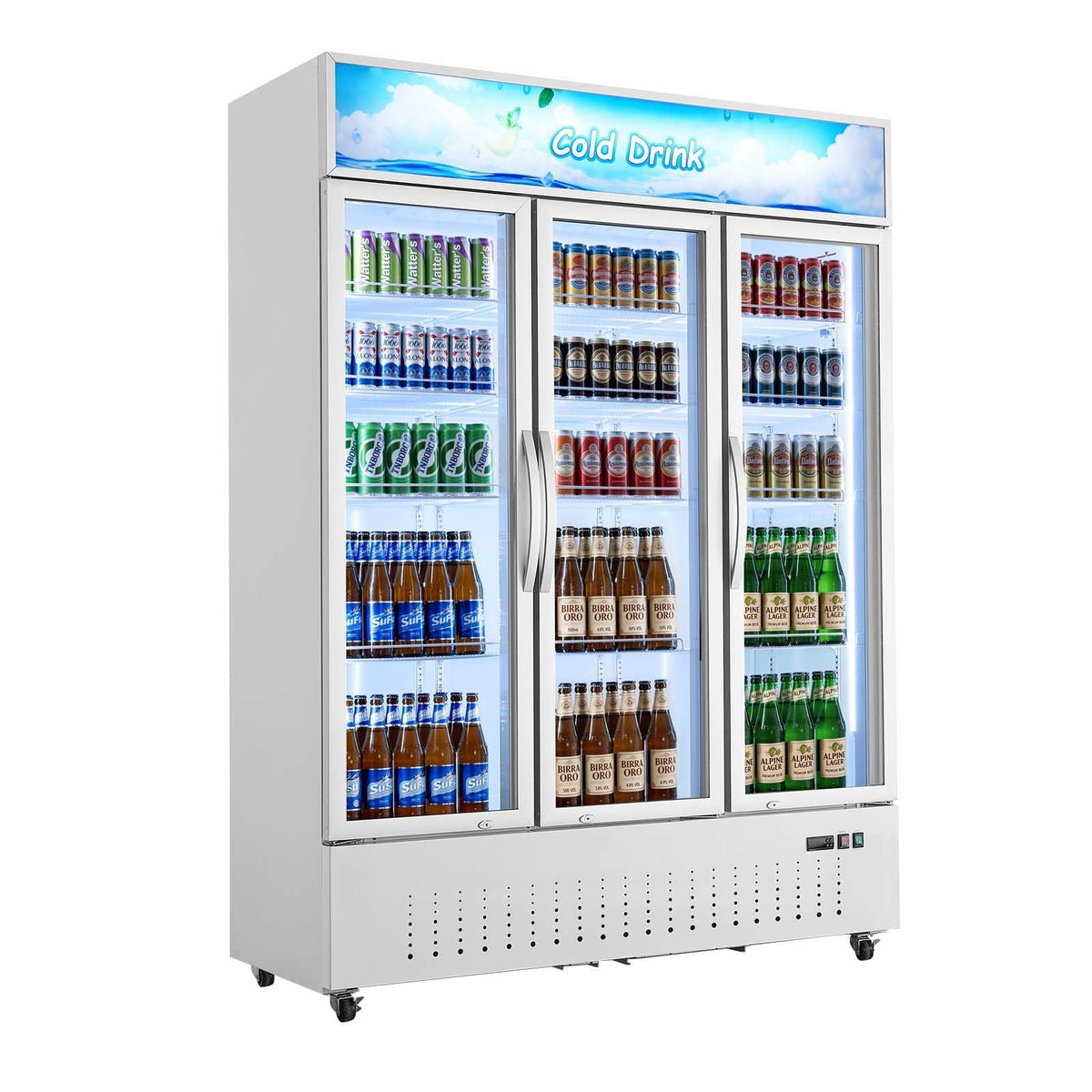 Commercial Merchandiser Refrigerator, 36.4 Cu.Ft / 1030L Upright Beverage Cooler, 3 Glass Door Display Refrigerator with Customizable Lightbox, 12 Adjustable Shelves, Soft LED Lighting & Casters