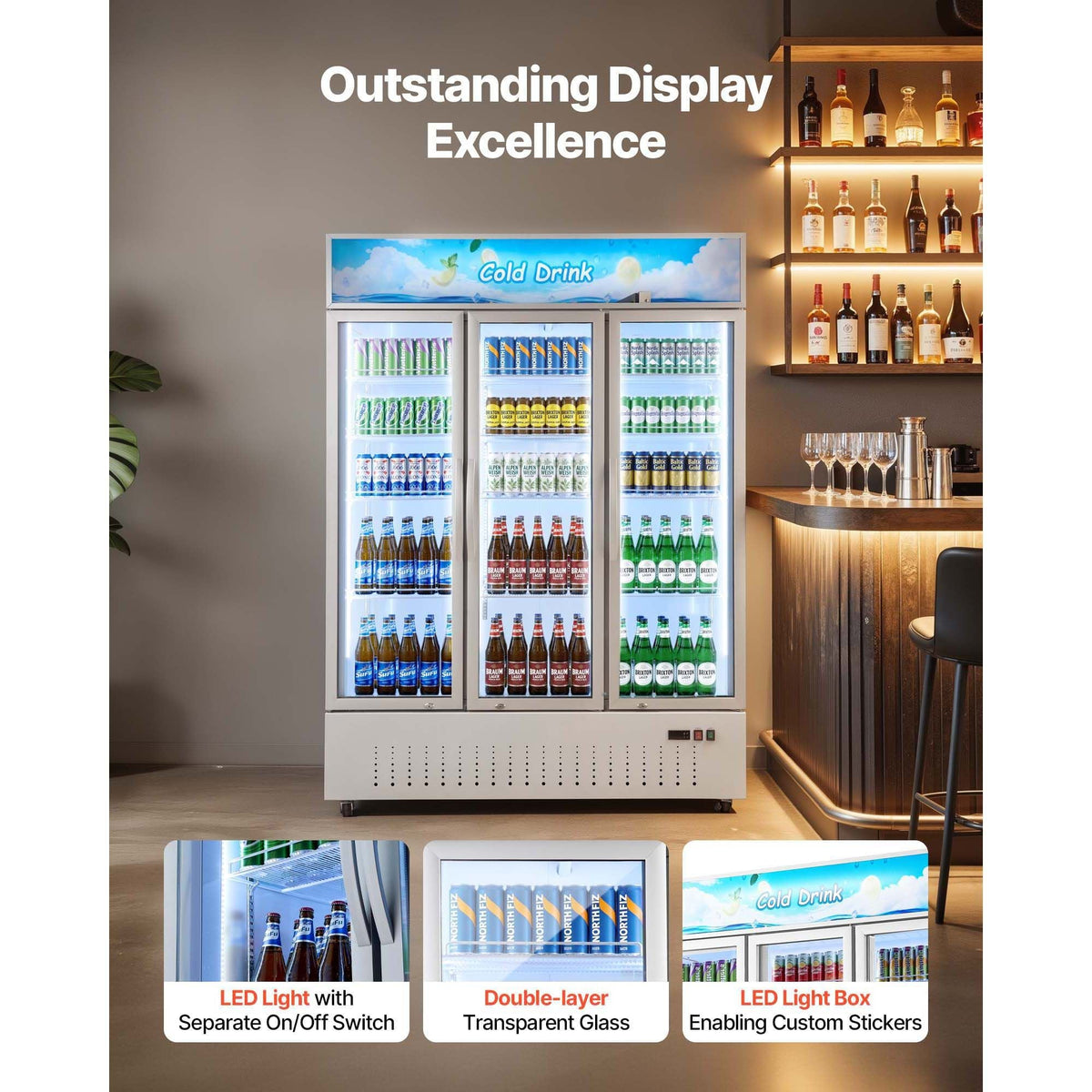 Commercial Merchandiser Refrigerator, 36.4 Cu.Ft / 1030L Upright Beverage Cooler, 3 Glass Door Display Refrigerator with Customizable Lightbox, 12 Adjustable Shelves, Soft LED Lighting & Casters