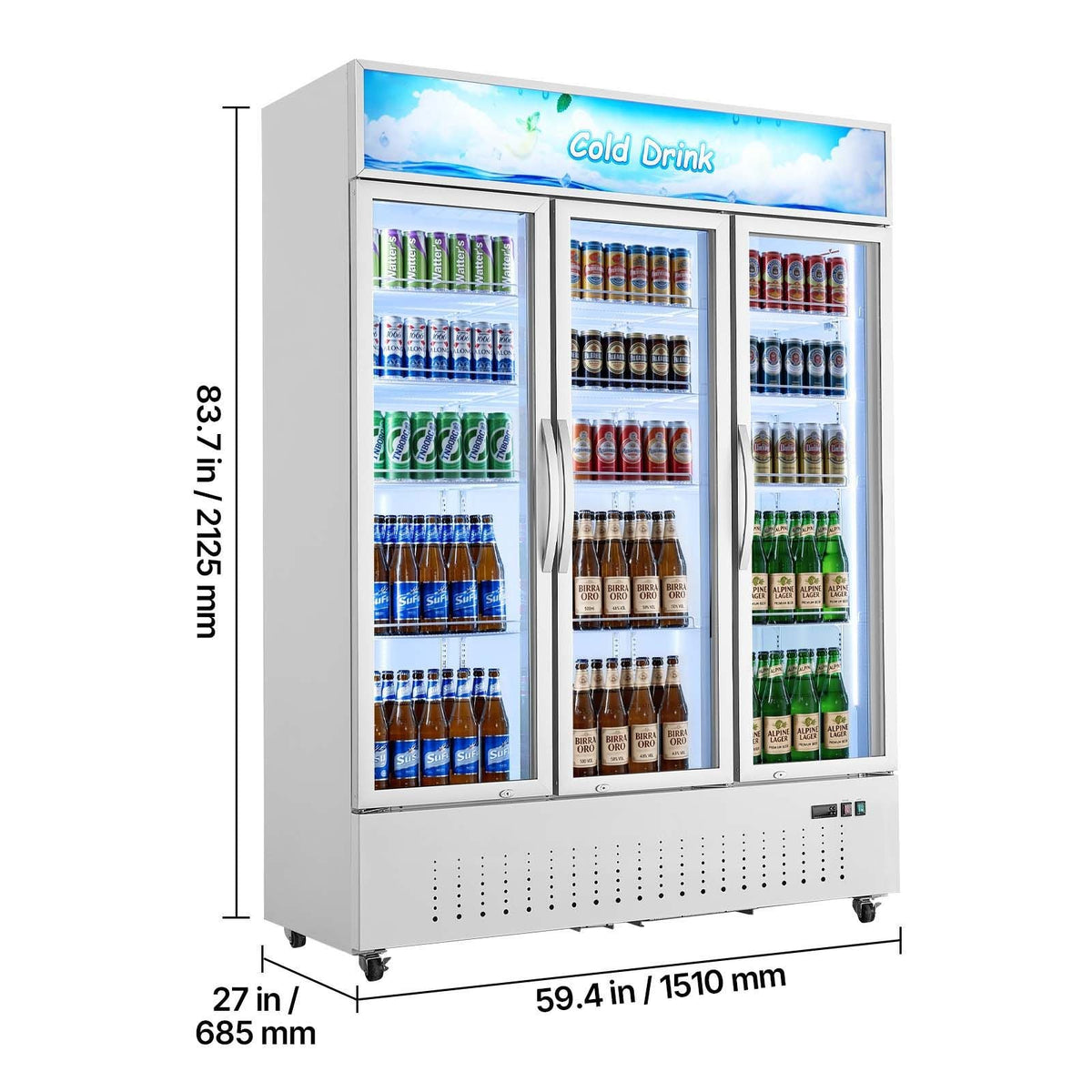 Commercial Merchandiser Refrigerator, 36.4 Cu.Ft / 1030L Upright Beverage Cooler, 3 Glass Door Display Refrigerator with Customizable Lightbox, 12 Adjustable Shelves, Soft LED Lighting & Casters