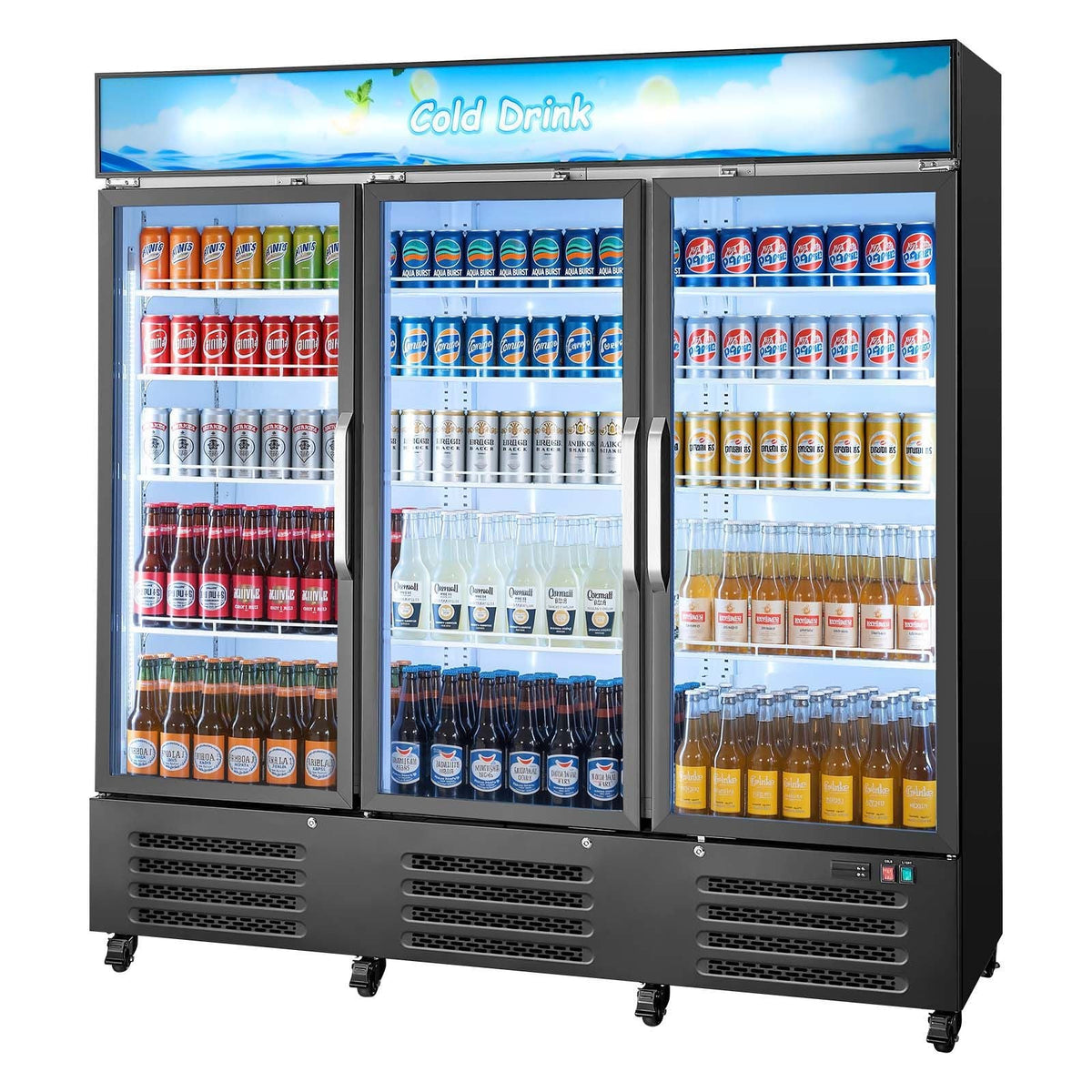 Commercial Merchandiser Refrigerator, 54.3 Cu.Ft / 1538L Upright Beverage Cooler, 3 Glass Door Display Refrigerator with Customizable Lightbox, 12 Adjustable Shelves, Soft LED Lighting & Casters