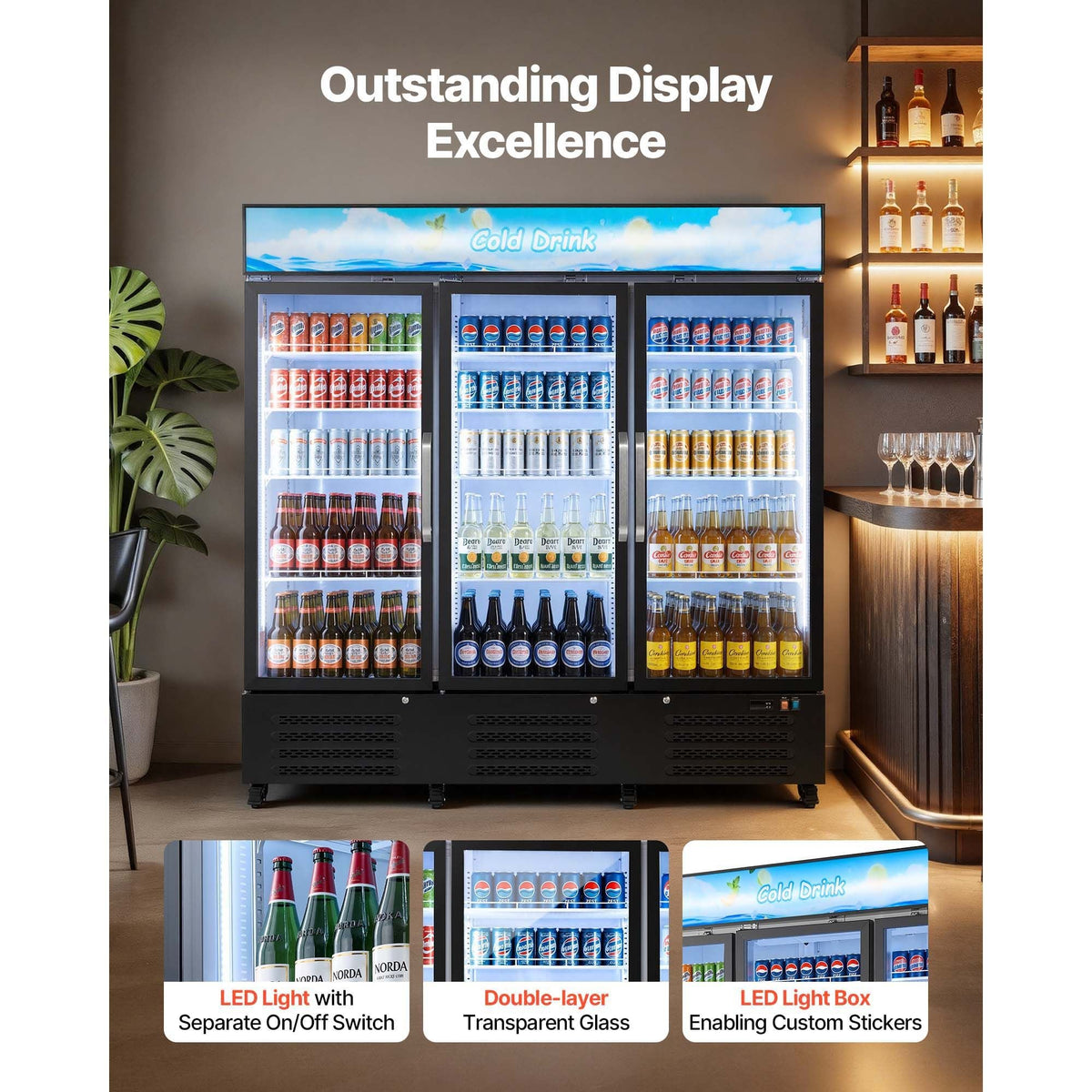 Commercial Merchandiser Refrigerator, 54.3 Cu.Ft / 1538L Upright Beverage Cooler, 3 Glass Door Display Refrigerator with Customizable Lightbox, 12 Adjustable Shelves, Soft LED Lighting & Casters