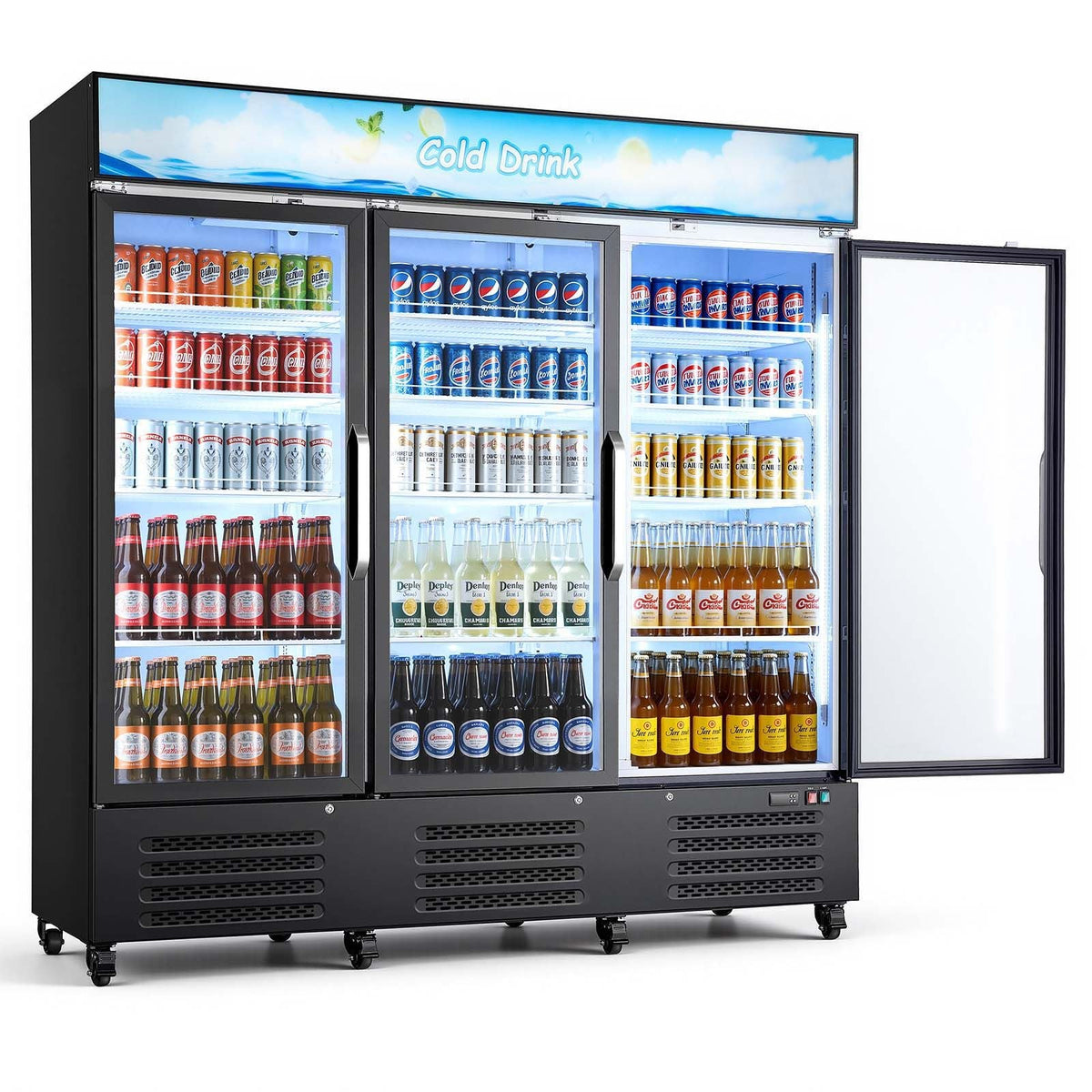 Commercial Merchandiser Refrigerator, 54.3 Cu.Ft / 1538L Upright Beverage Cooler, 3 Glass Door Display Refrigerator with Customizable Lightbox, 12 Adjustable Shelves, Soft LED Lighting & Casters