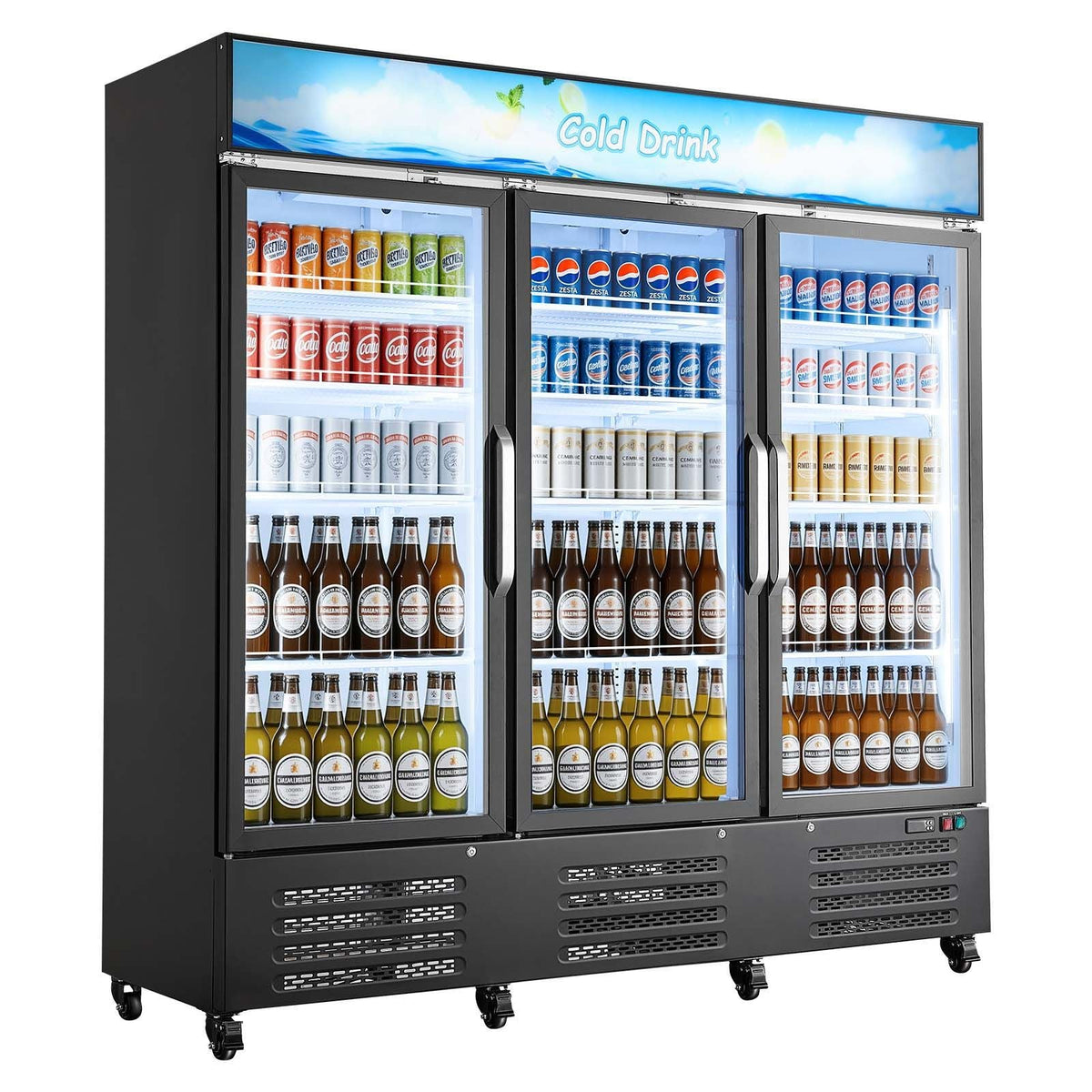 Commercial Merchandiser Refrigerator, 54.3 Cu.Ft / 1538L Upright Beverage Cooler, 3 Glass Door Display Refrigerator with Customizable Lightbox, 12 Adjustable Shelves, Soft LED Lighting & Casters