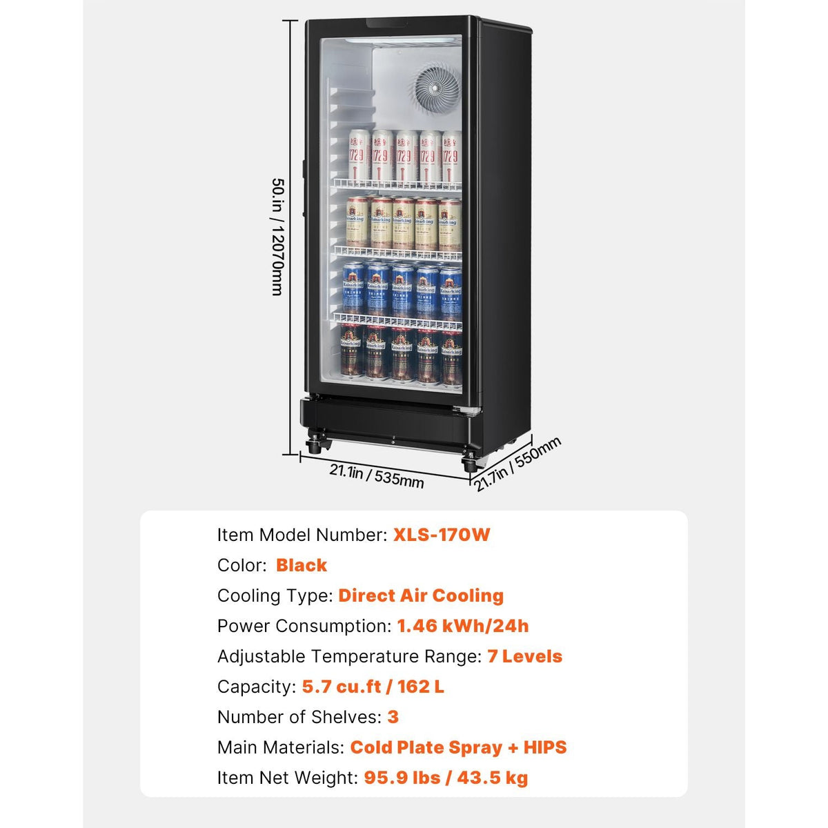 Commercial Merchandiser Refrigerator, 5.7 CU.FT Glass Door Display Refrigerator Upright Fridge, Beverage Refrigerator Cooler Merchandiser with 3 Adjustable Shelves and Soft LED Light, Black