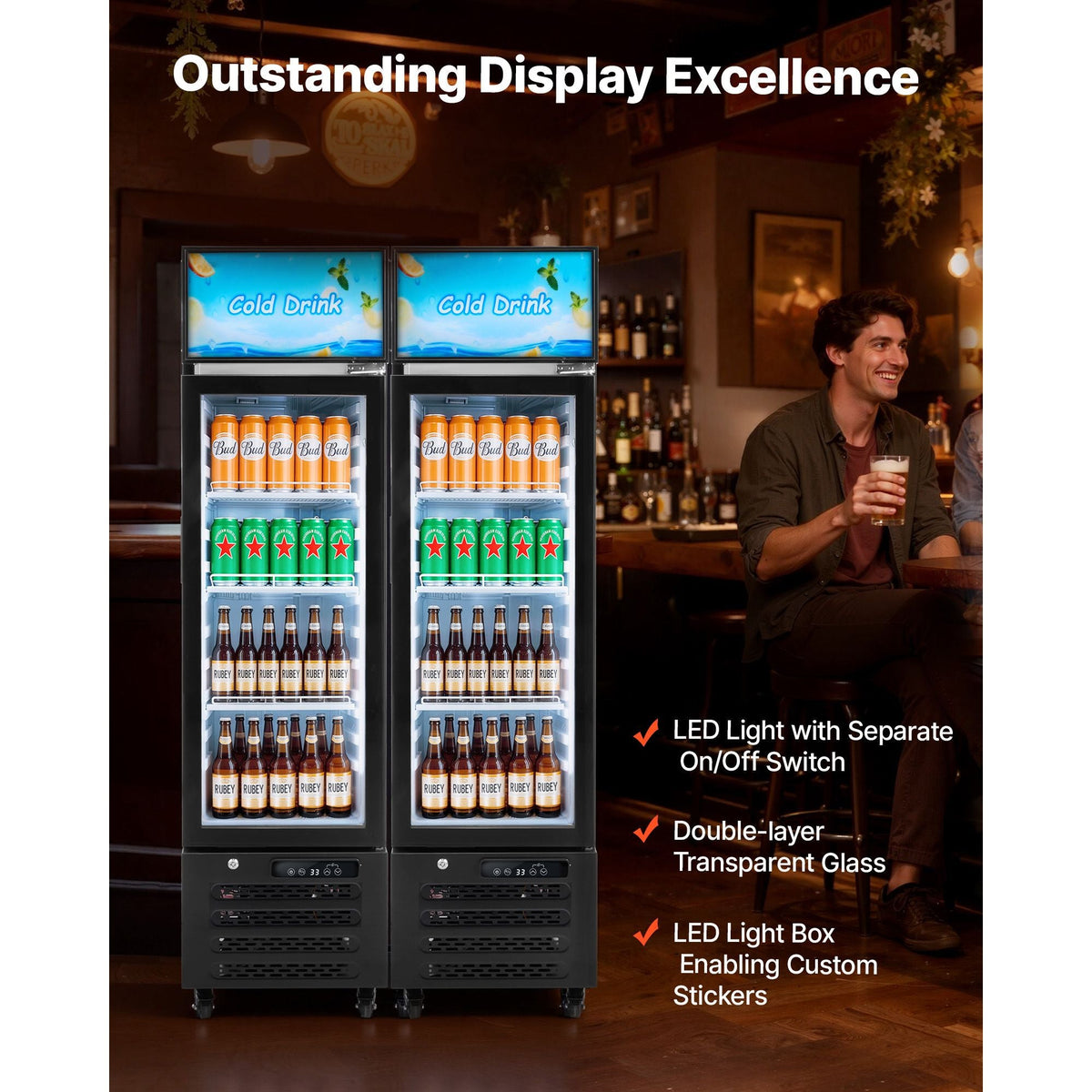 Commercial Merchandiser Refrigerator, 6.1 Cu.Ft / 173 L Glass Door Display Refrigerator, Upright Beverage Cooler with Customizable Lightbox, 3 Adjustable Shelves & Soft LED Light for Homes Shops