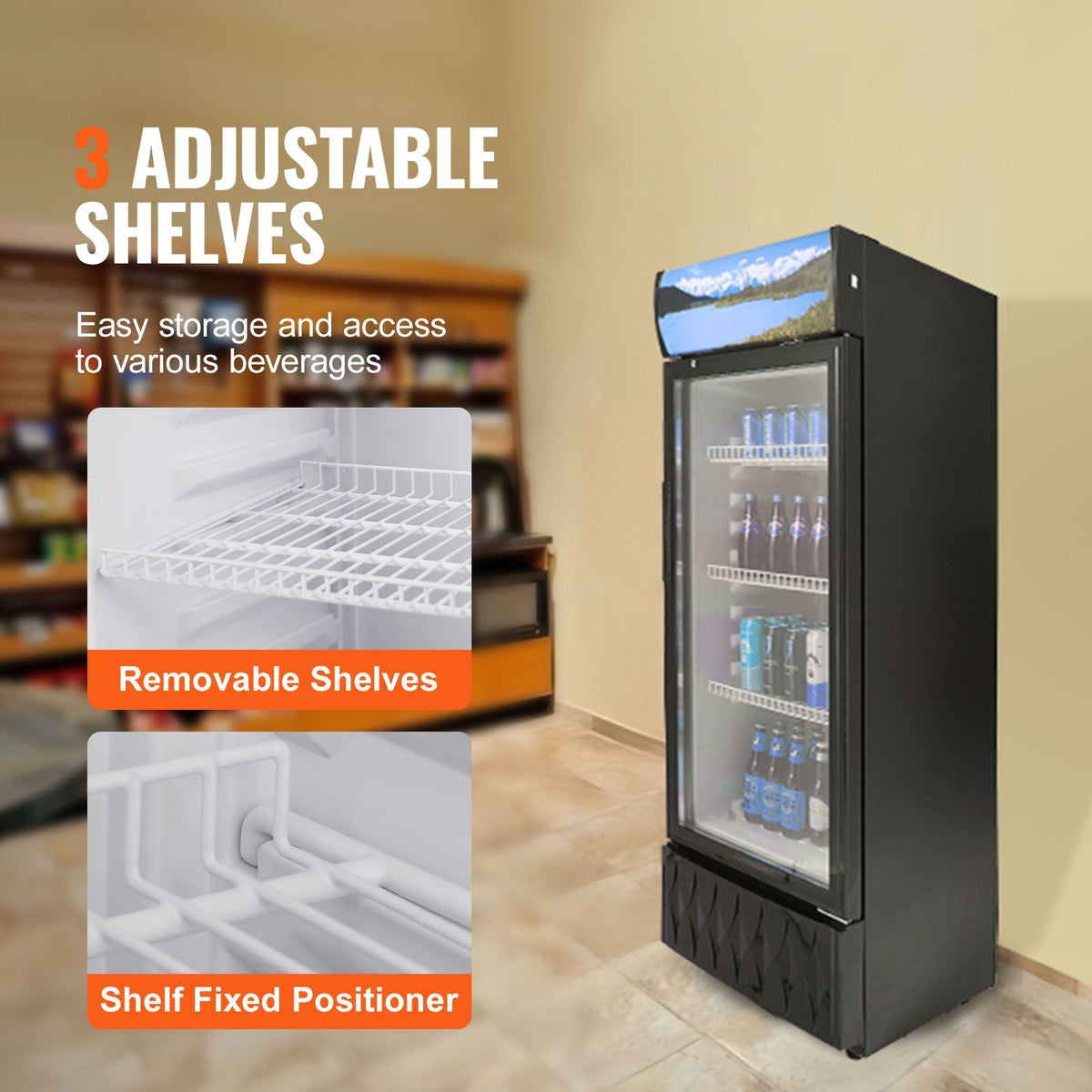 Commercial Merchandiser Refrigerator, 6.8 Cu.Ft / 195L Beverage Refrigerator Cooler Merchandiser, Glass Door Display Refrigerator Upright Fridge with 3 Adjustable Shelves, Customizable Lightbox