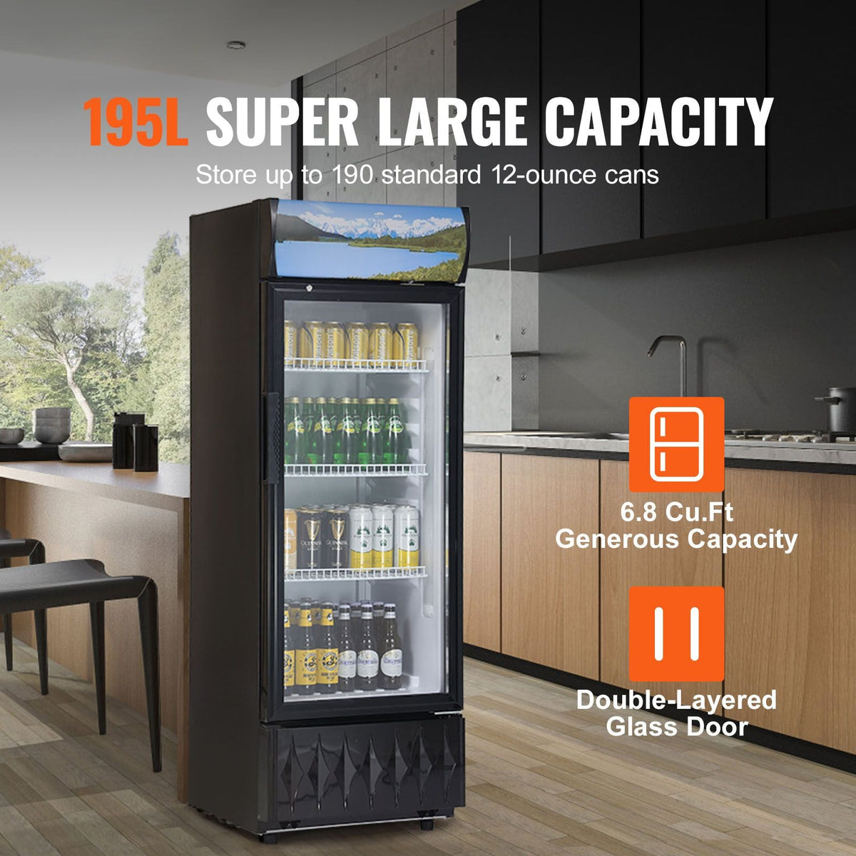 Commercial Merchandiser Refrigerator, 6.8 Cu.Ft / 195L Beverage Refrigerator Cooler Merchandiser, Glass Door Display Refrigerator Upright Fridge with 3 Adjustable Shelves, Customizable Lightbox