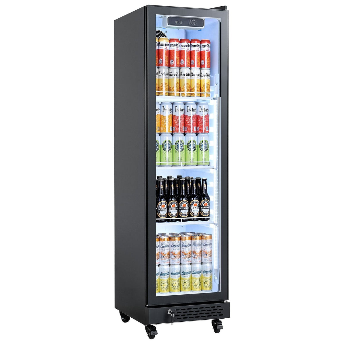Commercial Merchandiser Refrigerator, 6.9 Cu.Ft / 195L Glass Door Display Refrigerator, Upright Beverage Cooler Fridge with 4 Adjustable Shelves, Soft LED Light & Casters for Homes Shops Bars
