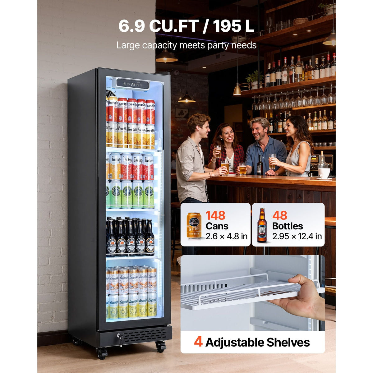 Commercial Merchandiser Refrigerator, 6.9 Cu.Ft / 195L Glass Door Display Refrigerator, Upright Beverage Cooler Fridge with 4 Adjustable Shelves, Soft LED Light & Casters for Homes Shops Bars
