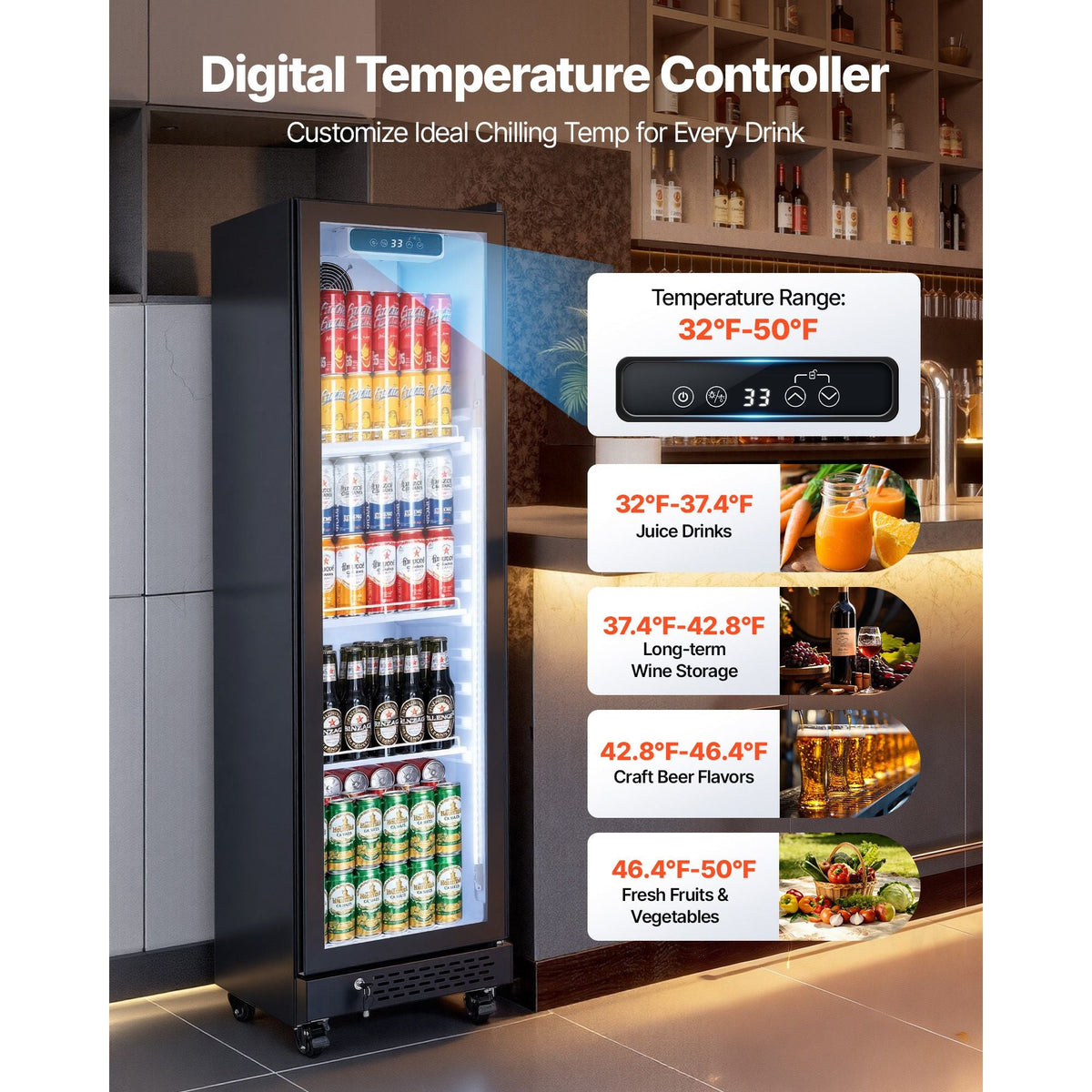 Commercial Merchandiser Refrigerator, 6.9 Cu.Ft / 195L Glass Door Display Refrigerator, Upright Beverage Cooler Fridge with 4 Adjustable Shelves, Soft LED Light & Casters for Homes Shops Bars