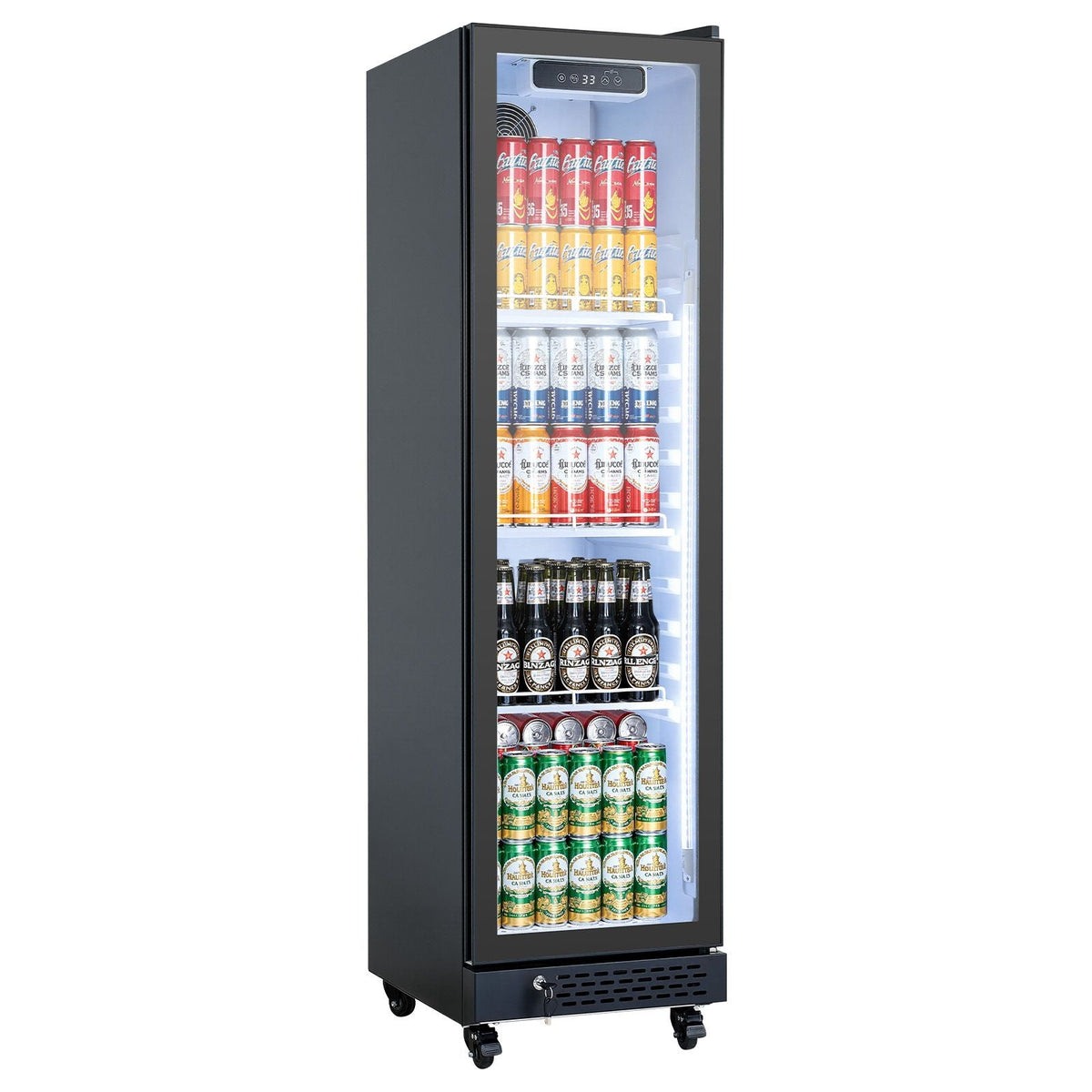 Commercial Merchandiser Refrigerator, 6.9 Cu.Ft / 195L Glass Door Display Refrigerator, Upright Beverage Cooler Fridge with 4 Adjustable Shelves, Soft LED Light & Casters for Homes Shops Bars