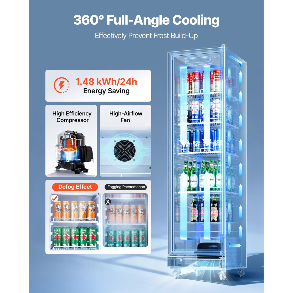 Commercial Merchandiser Refrigerator, 6.9 Cu.Ft / 195L Glass Door Display Refrigerator, Upright Beverage Cooler Fridge with 4 Adjustable Shelves, Soft LED Light & Casters for Homes Shops Bars