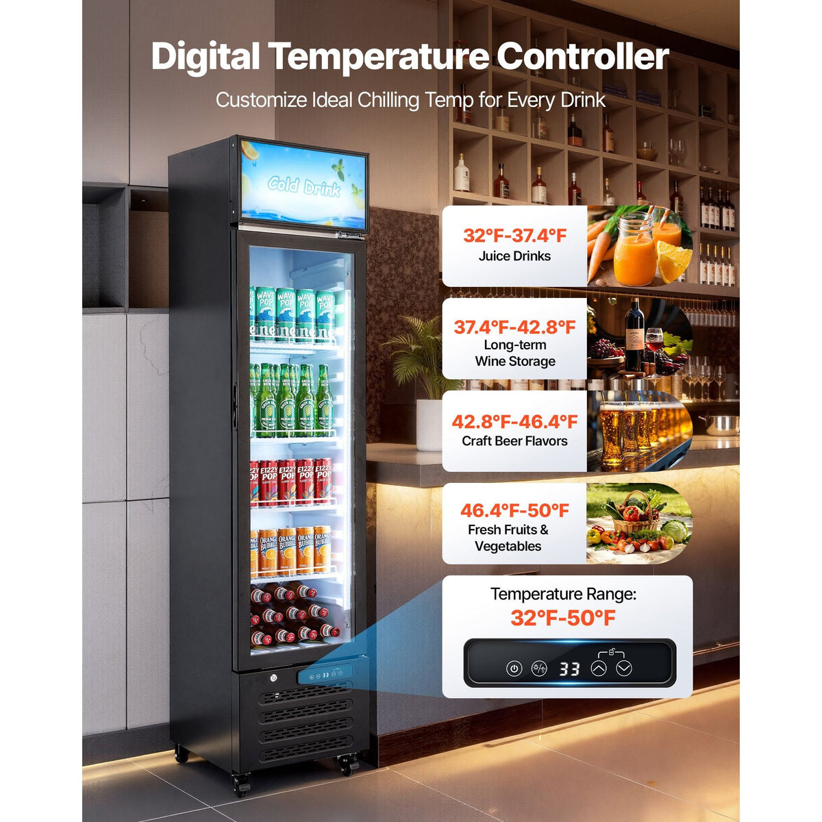 Commercial Merchandiser Refrigerator, 7.5 Cu.Ft / 213 L Glass Door Display Refrigerator, Upright Beverage Cooler with Customizable Lightbox, 4 Adjustable Shelves & Soft LED Light for Homes Shops