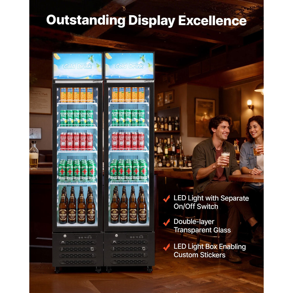 Commercial Merchandiser Refrigerator, 7.5 Cu.Ft / 213 L Glass Door Display Refrigerator, Upright Beverage Cooler with Customizable Lightbox, 4 Adjustable Shelves & Soft LED Light for Homes Shops