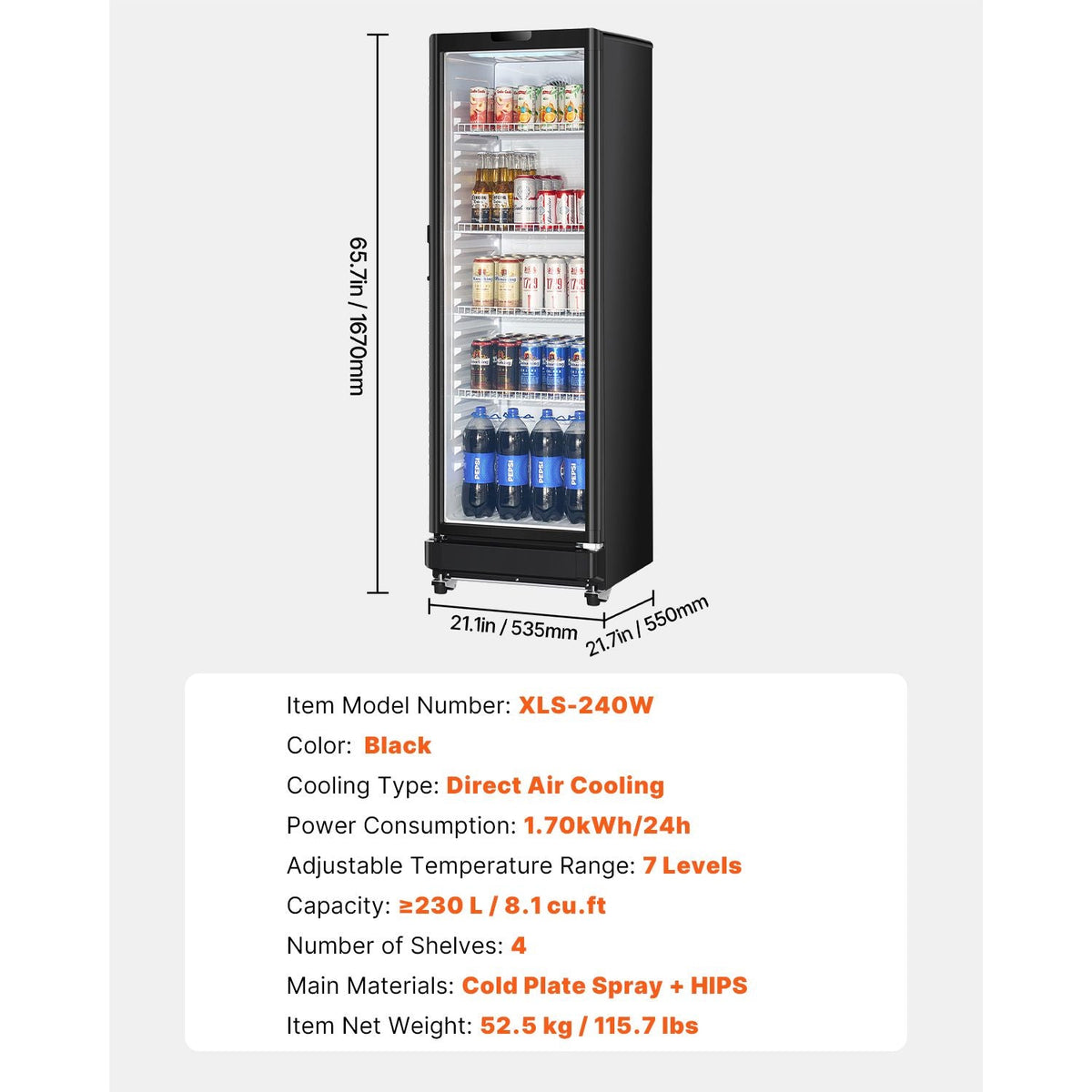 Commercial Merchandiser Refrigerator, 8.1 CU.FT Glass Door Display Refrigerator Upright Fridge, Beverage Refrigerator Cooler Merchandiser with 4 Adjustable Shelves and Soft LED Light, Black