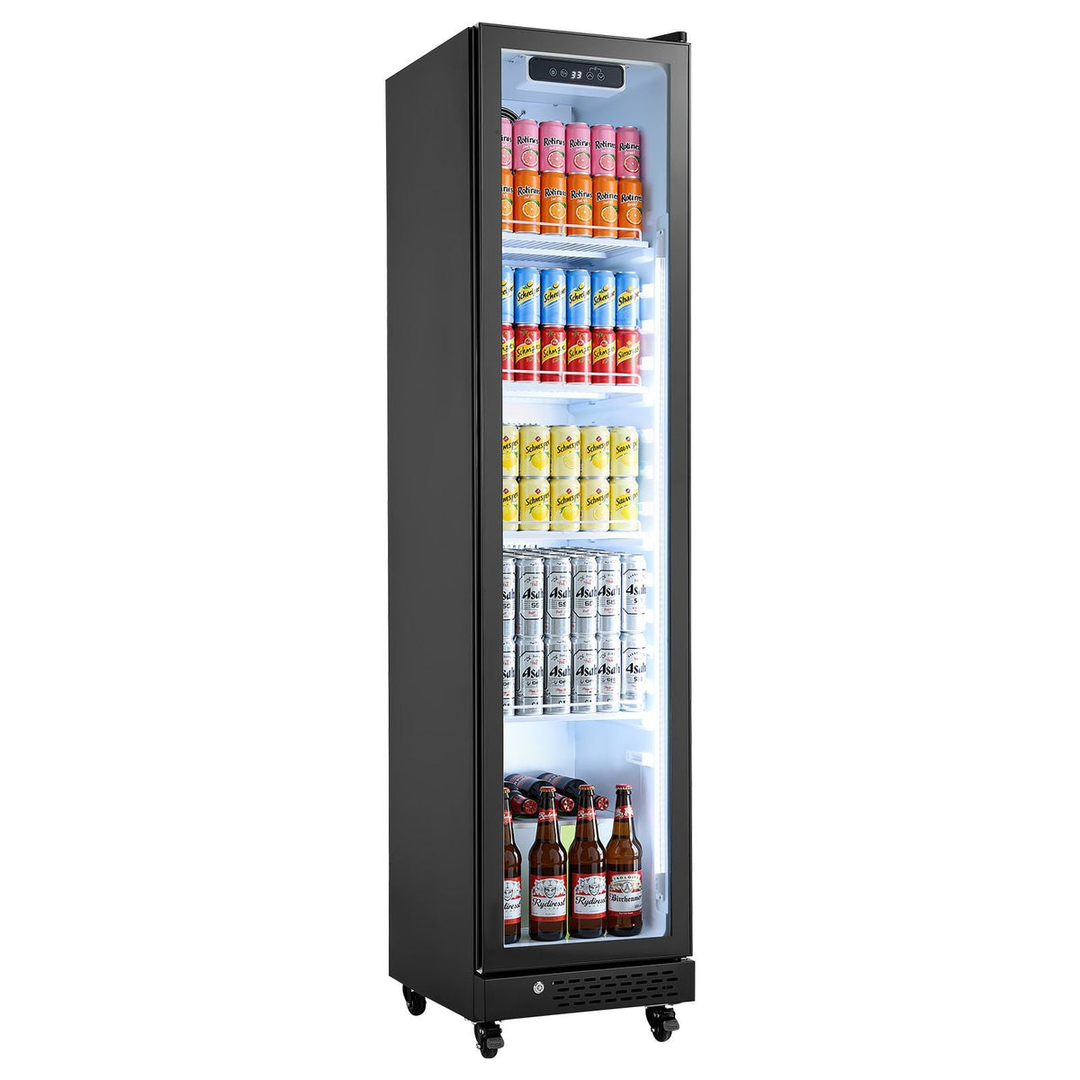 Commercial Merchandiser Refrigerator, 8.3 Cu.Ft / 235 L Glass Door Display Refrigerator, Upright Beverage Cooler Fridge with 5 Adjustable Shelves, Soft LED Light & Casters for Homes Shops Bars