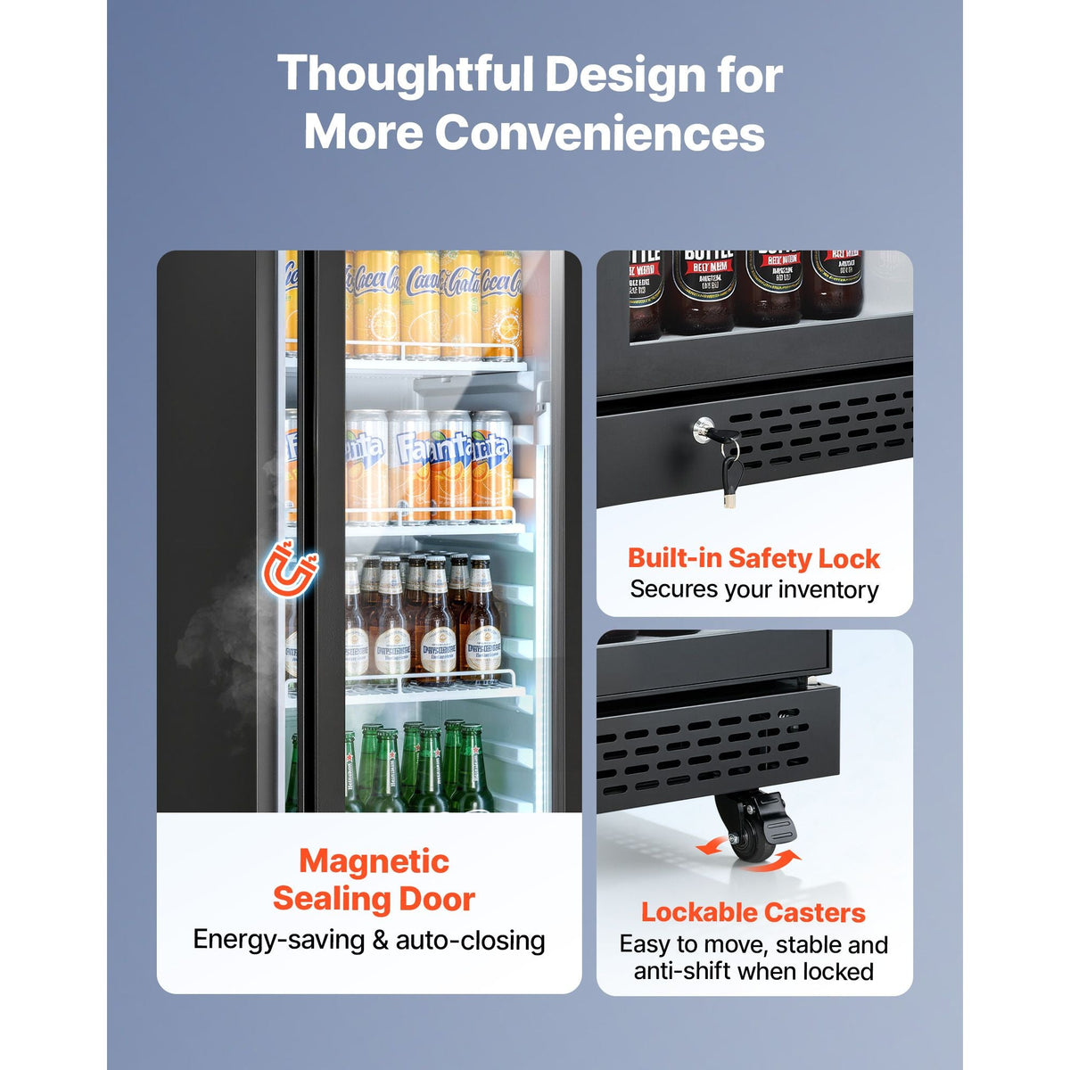 Commercial Merchandiser Refrigerator, 8.3 Cu.Ft / 235 L Glass Door Display Refrigerator, Upright Beverage Cooler Fridge with 5 Adjustable Shelves, Soft LED Light & Casters for Homes Shops Bars